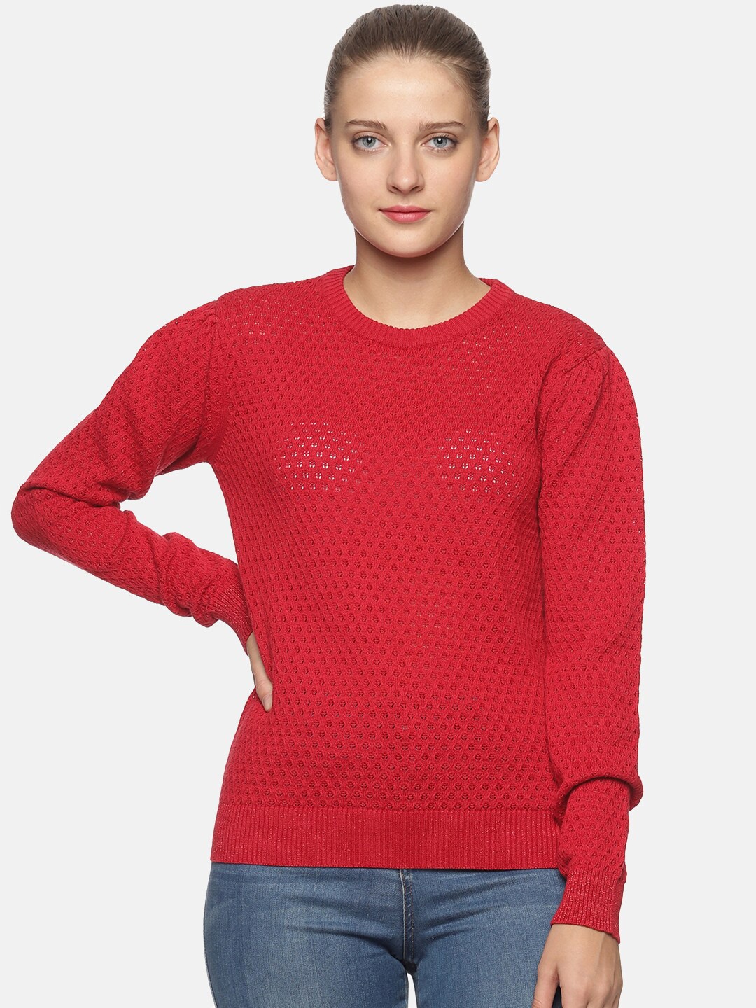 

DAiSY Women Self Design Acrylic Pullover Sweater, Red