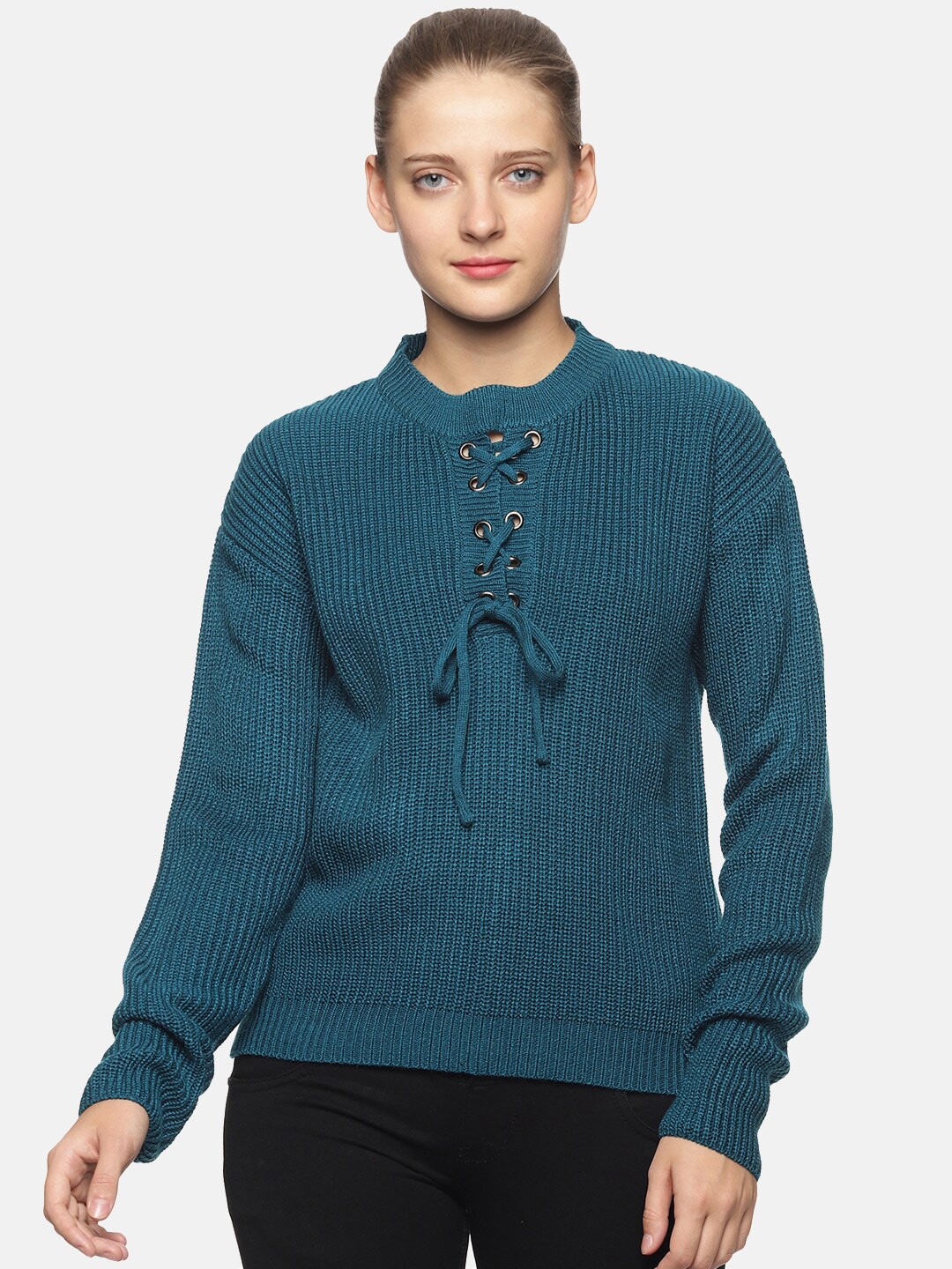 

DAiSY Women Lace inserts Acrylic Pullover Sweater, Teal