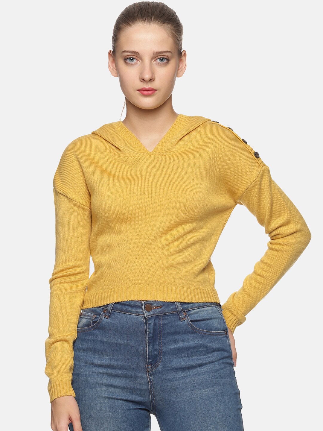 

DAiSY Women Crop Acrylic Pullover Sweater, Mustard