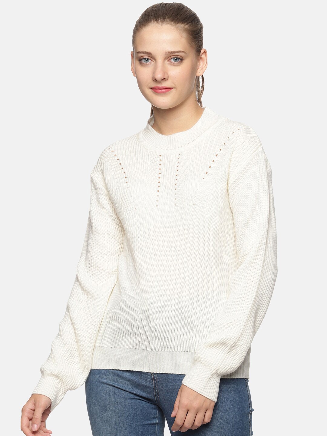 

DAiSY Women Self Design Acrylic Pullover Sweater, Off white