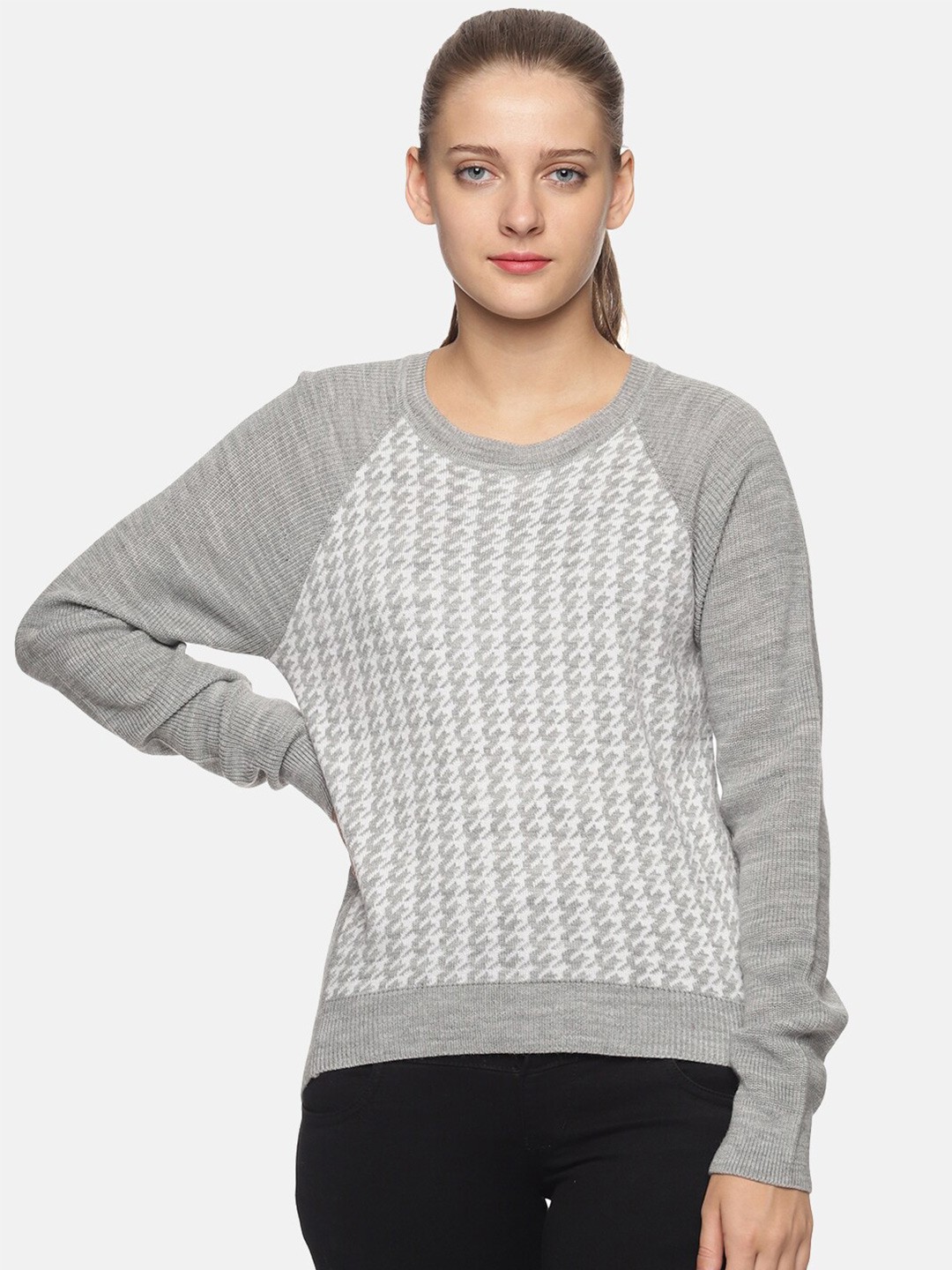 

DAiSY Women Abstract Self Design Acrylic Pullover, Grey