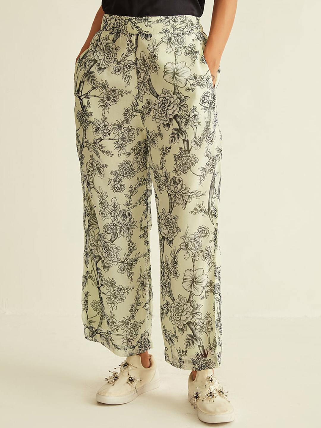 

Ancestry Women Floral Printed Straight Fit Trousers, Cream