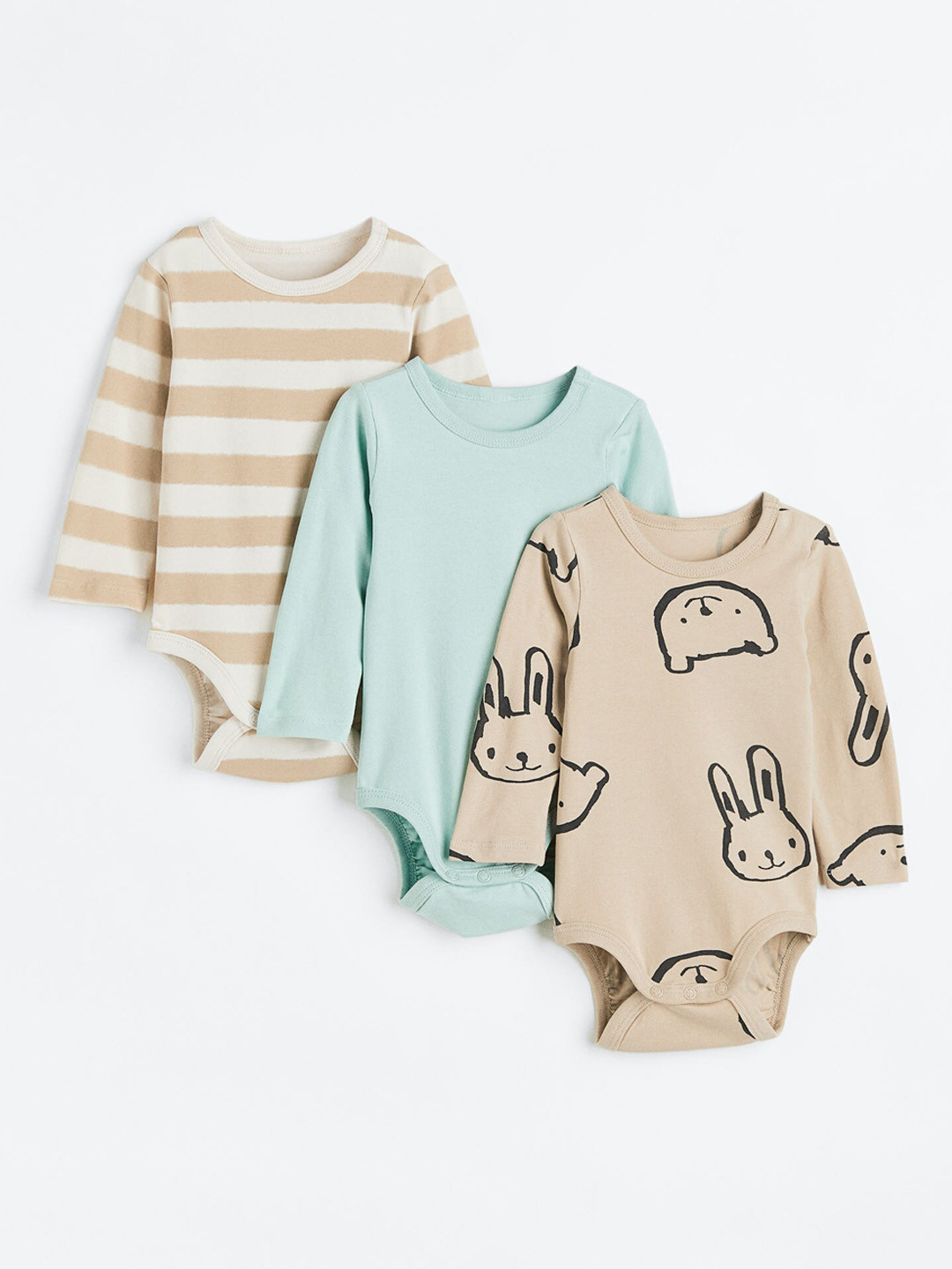

H&M Boys 3-Pack Long-Sleeved Bodysuits, Beige