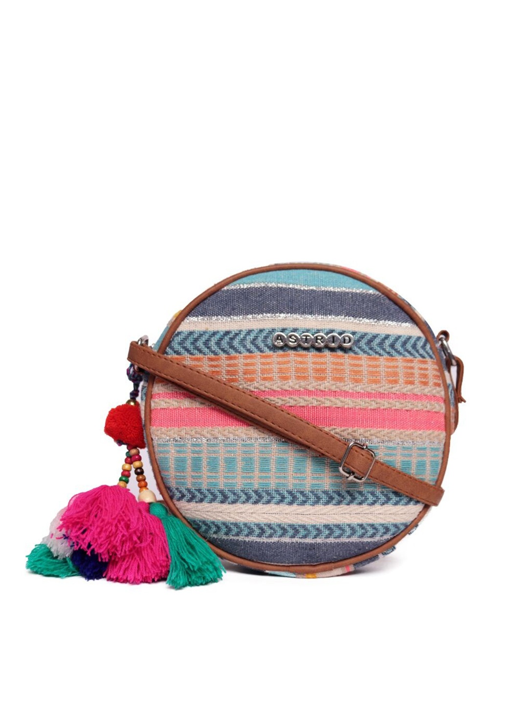 

ASTRID Geometric Printed Structured Sling Bag with Tasselled, Blue
