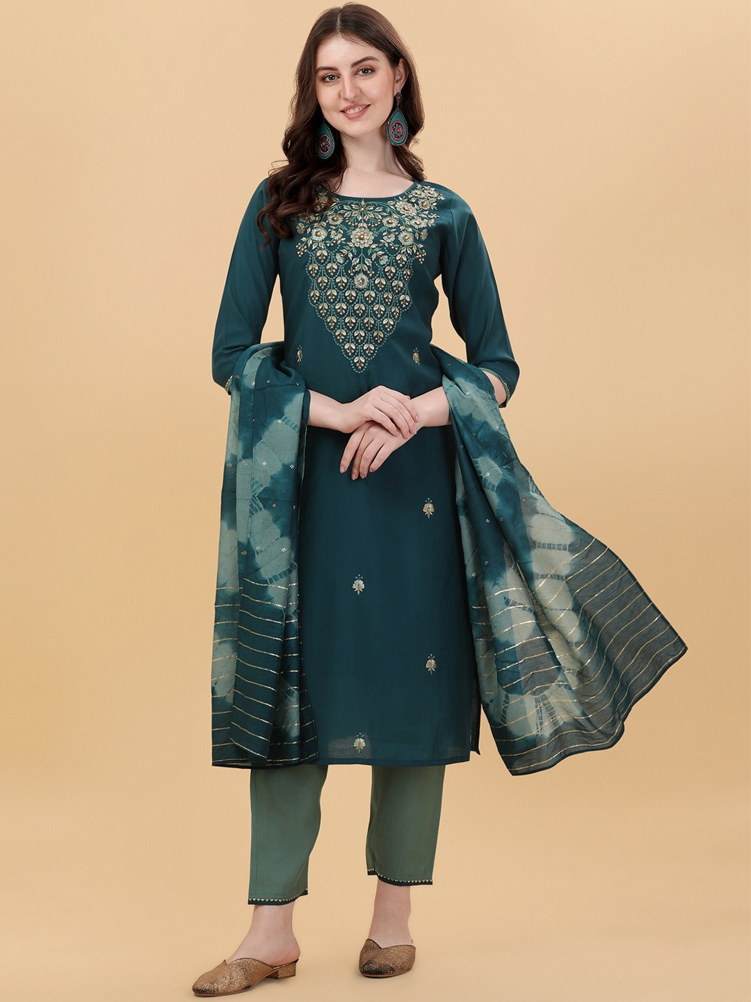 

Berrylicious Women Floral Embroidered Chanderi Cotton Kurta with Trousers & With Dupatta, Teal