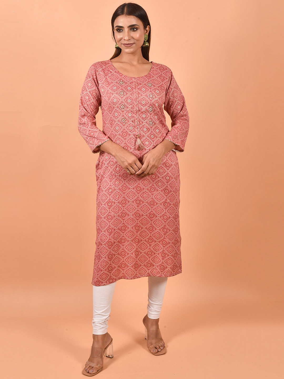 

KALINI Geometric Printed Cotton Kurta, Pink