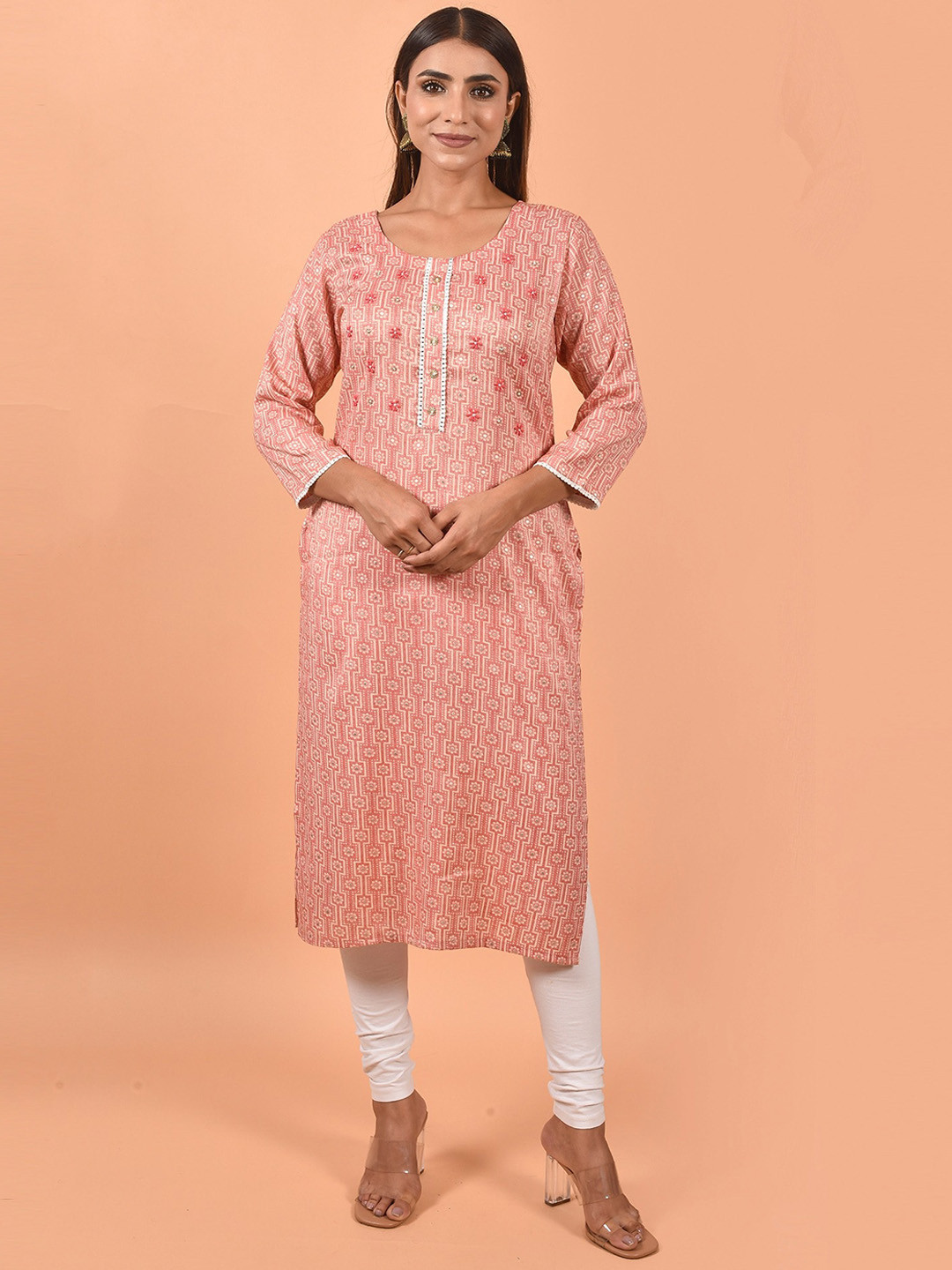 

KALINI Yoke Design Gotta Patti Floral Kurta, Peach