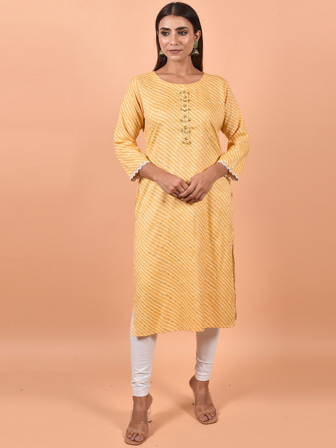 

KALINI Striped Mirror Work Round Neck Kurta, Mustard