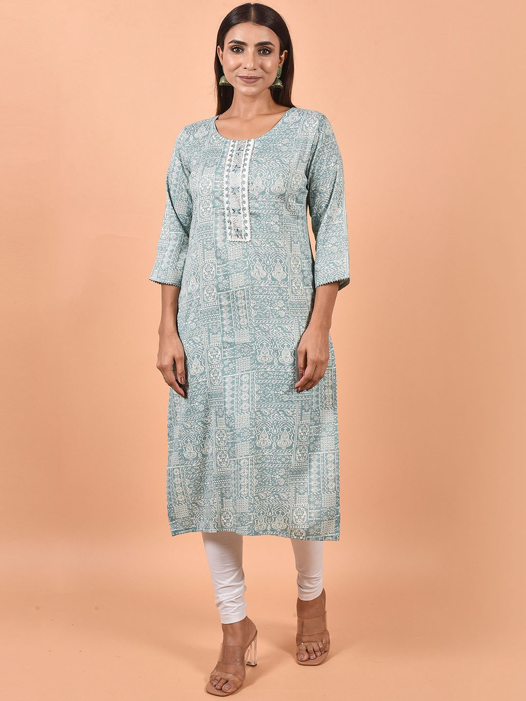 

KALINI Ethnic Motifs Printed Thread Work Round Neck Kurta, Sea green