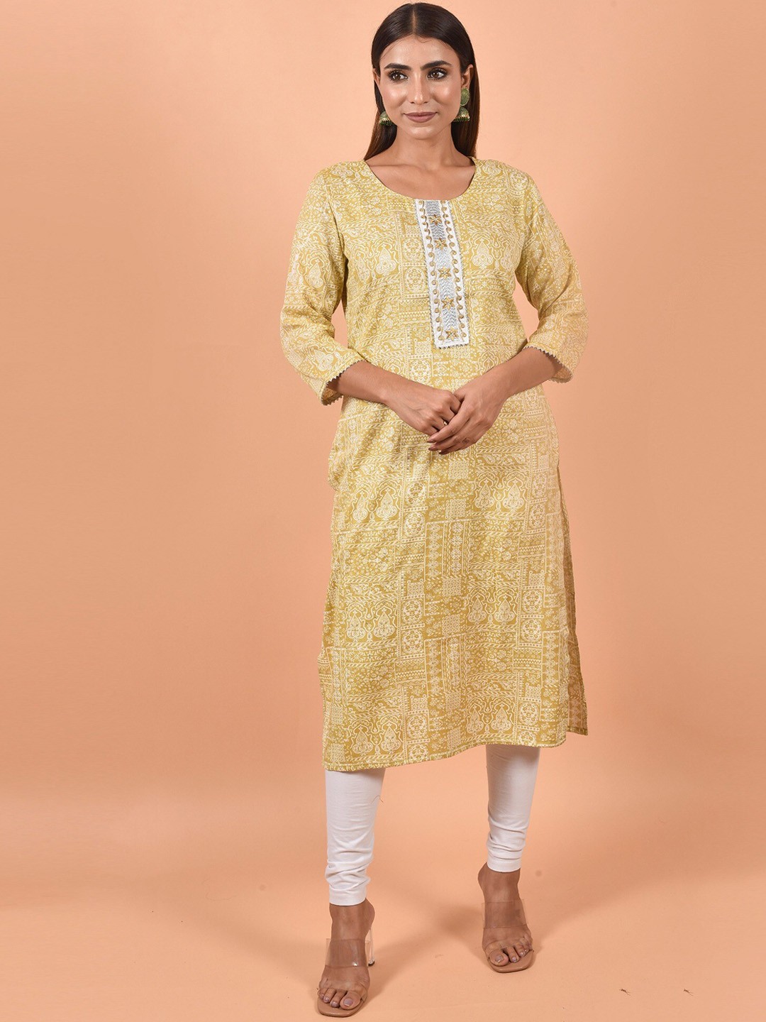 

KALINI Printed Ethnic Round Neck Kurta, Cream