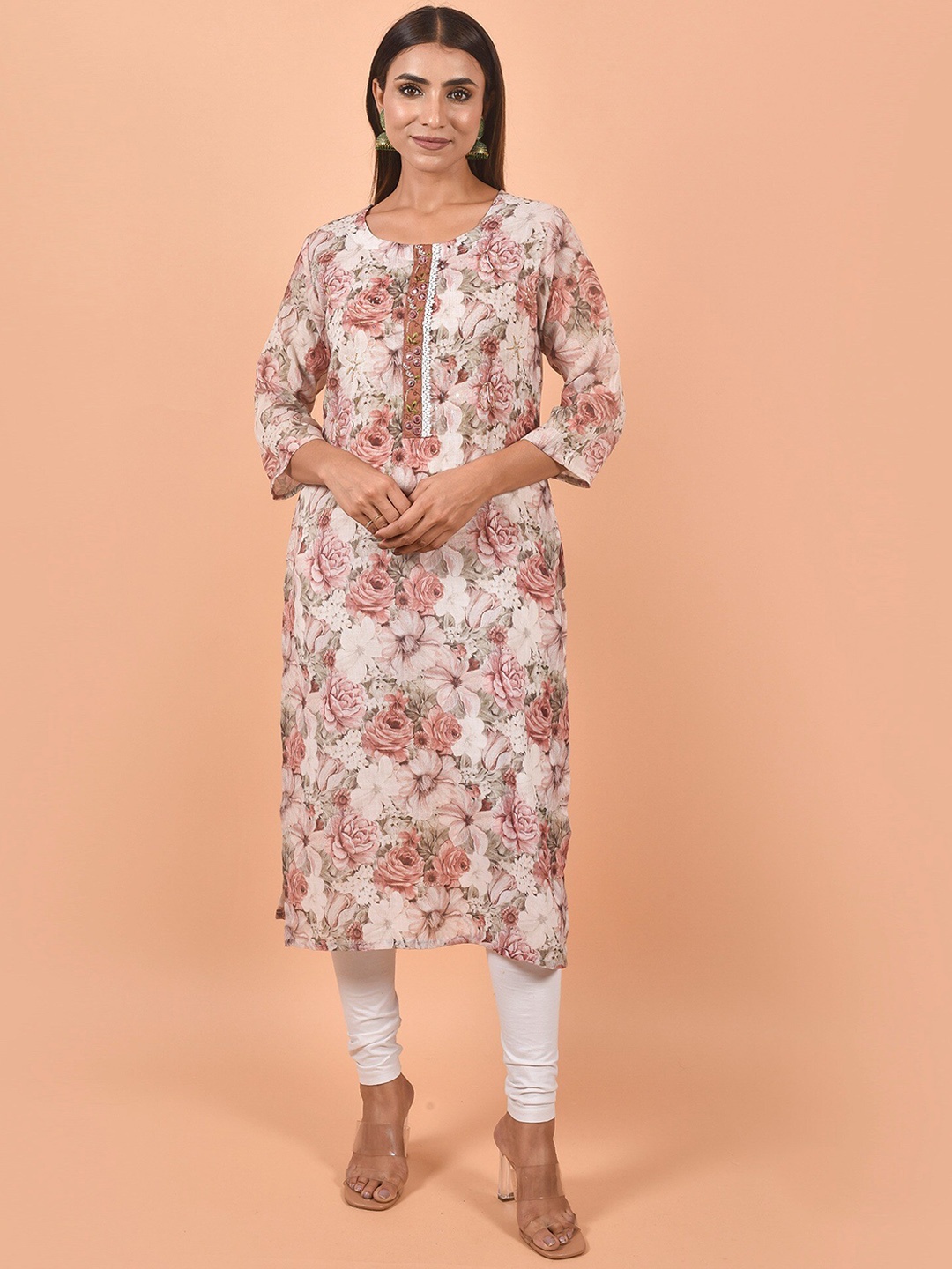 

KALINI Floral Printed Mirror Work Floral Round Neck Kurta, Off white