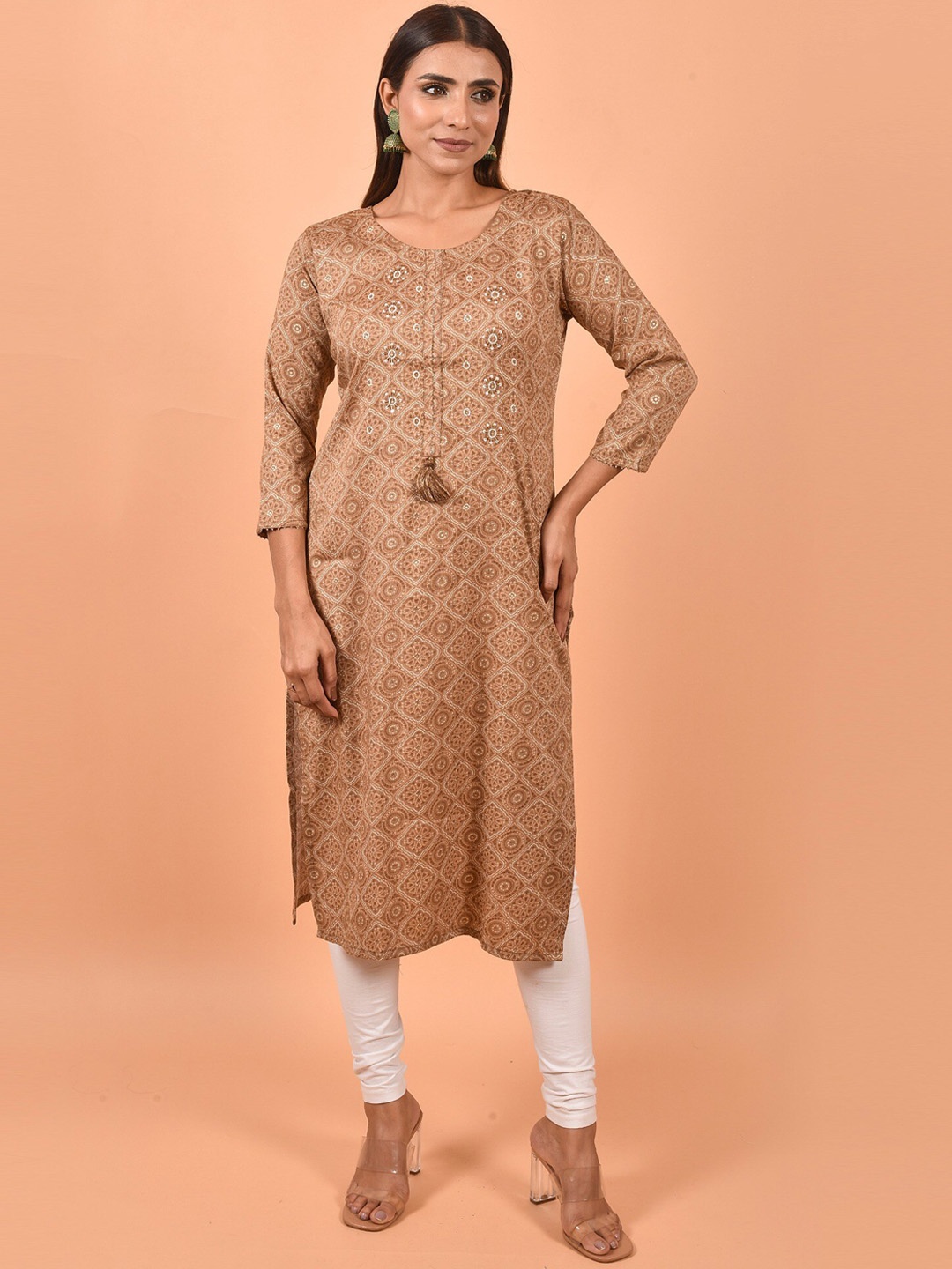 

KALINI Ethnic Motifs Printed Round Neck Kurta, Brown