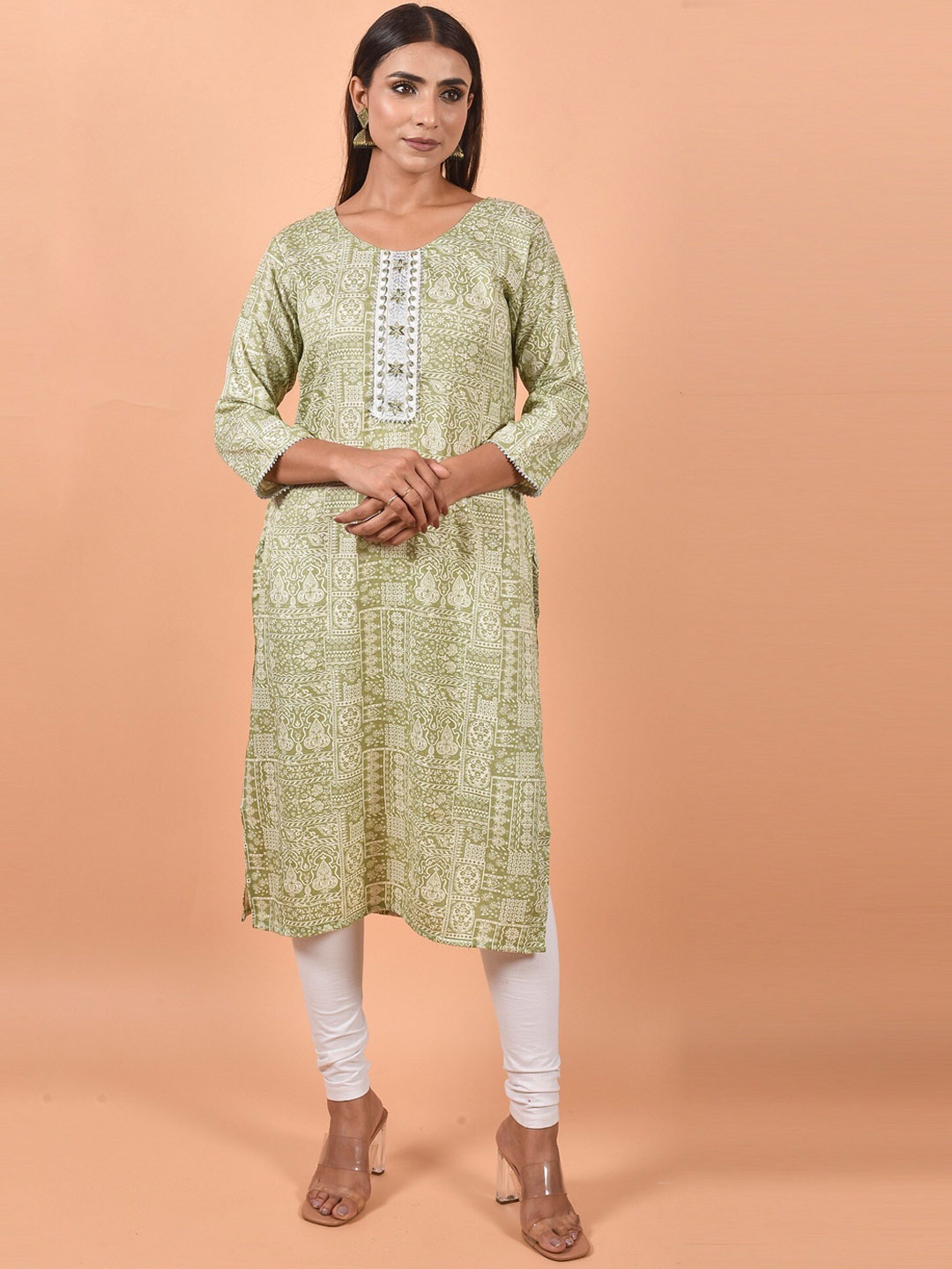 

KALINI Ethnic Motifs Printed Mirror Work Round Neck Kurta, Green