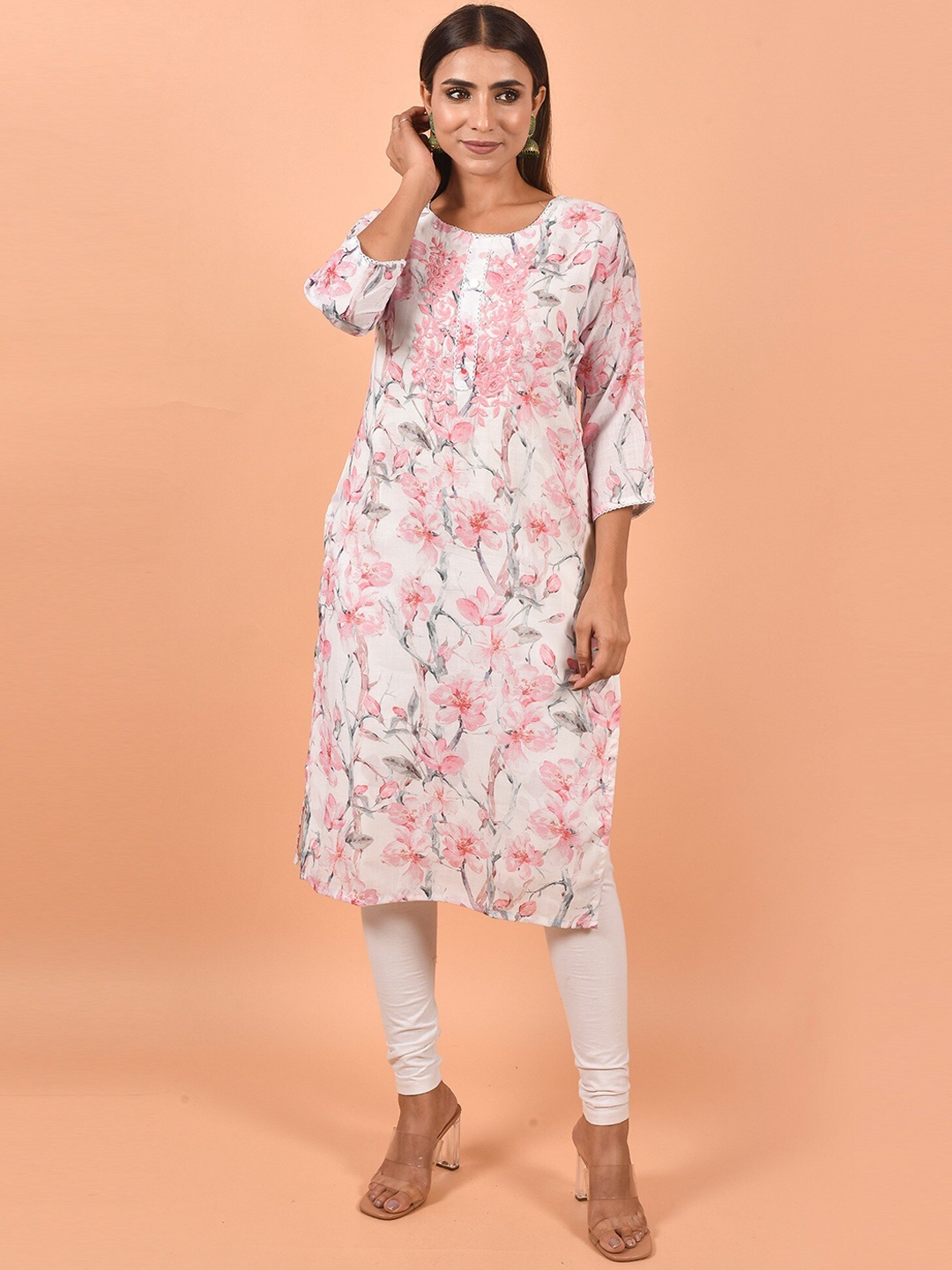 

KALINI Floral Printed Thread Work Round Neck Kurta, White