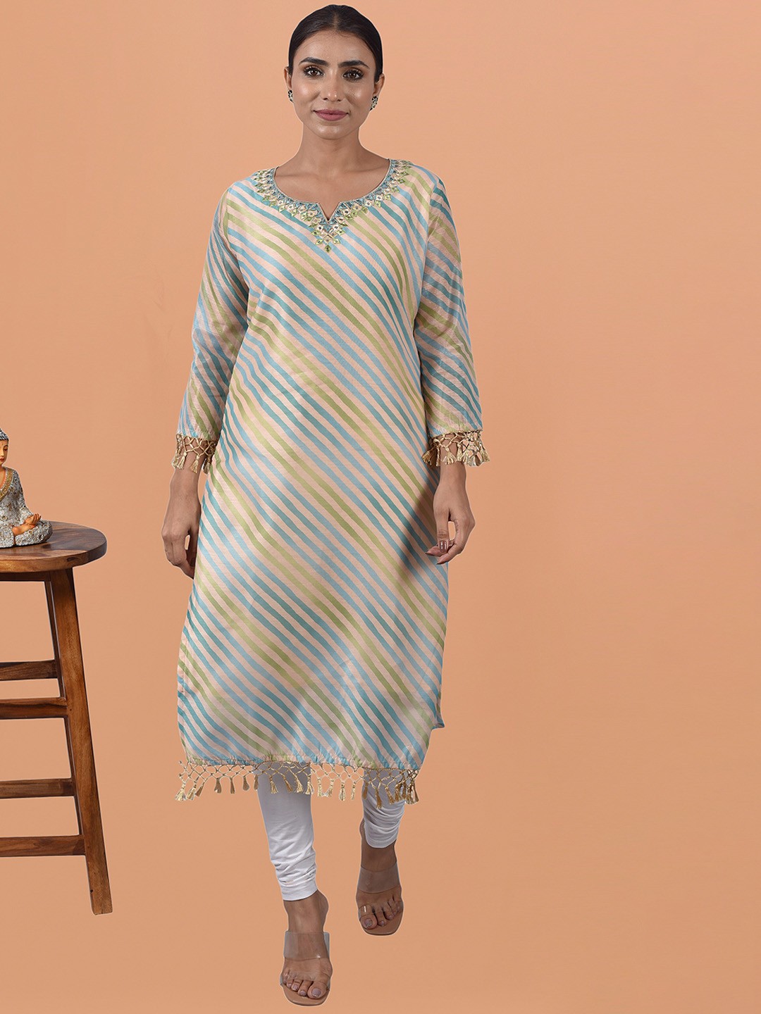

KALINI Striped Mirror Work Round Neck Kurta, Beige