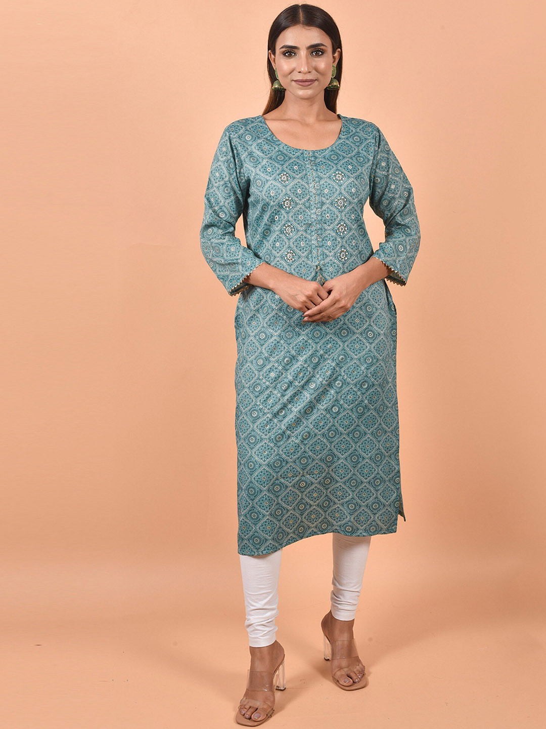

KALINI Ethnic Motifs Printed Round Neck Kurta, Teal