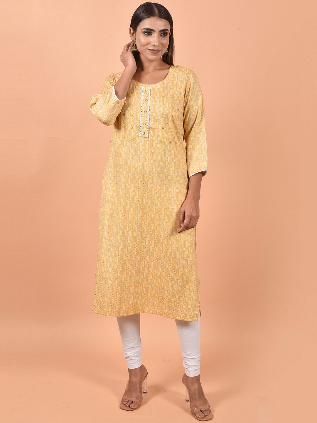 

KALINI Printed Geometric Mirror Work Round Neck Kurta, Mustard