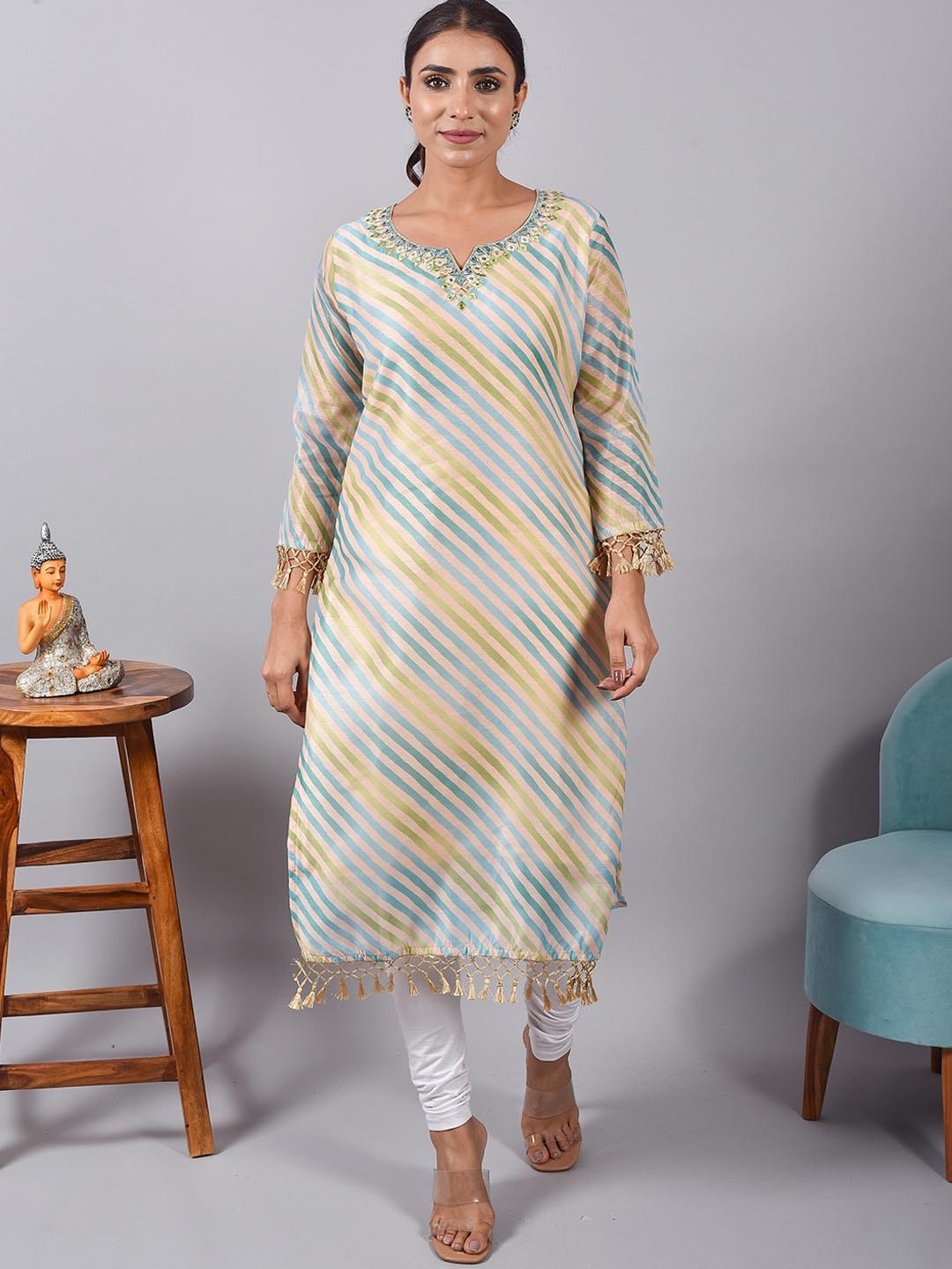 

Nimayaa Striped Mirror Work Round Neck Kurta, Beige