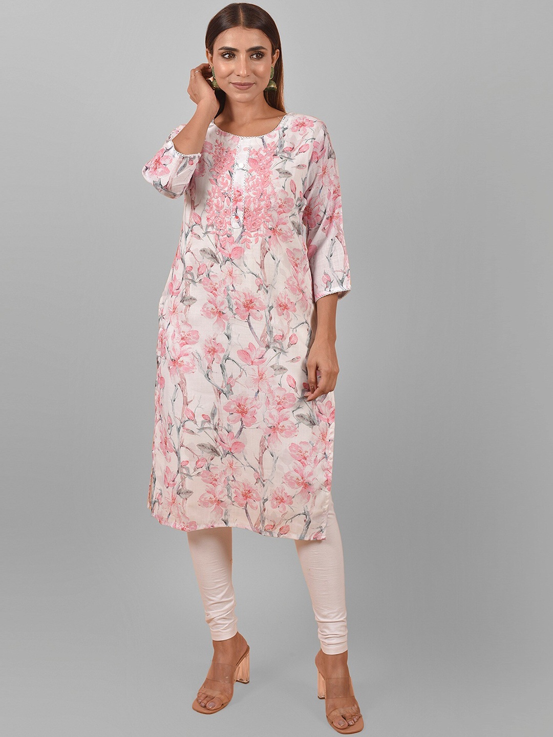 

Nimayaa Round Neck Floral Printed Cotton Kurta, White