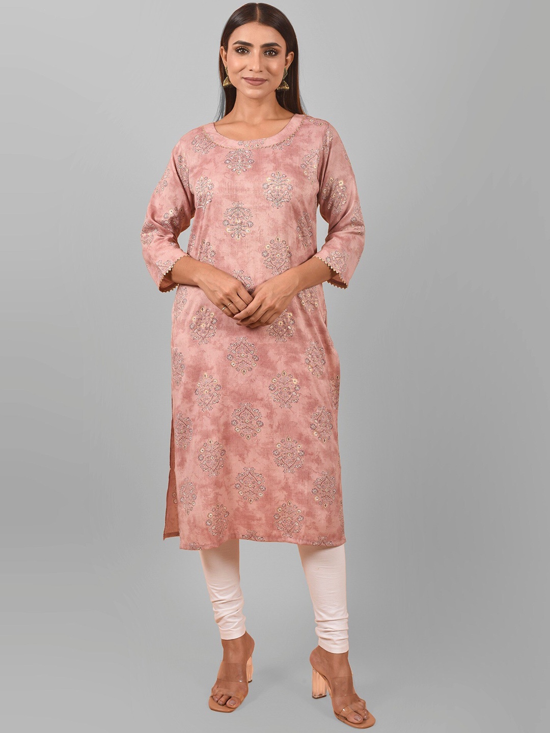 

Nimayaa Round Neck Ethnic Motifs Printed Cotton Kurta, Peach