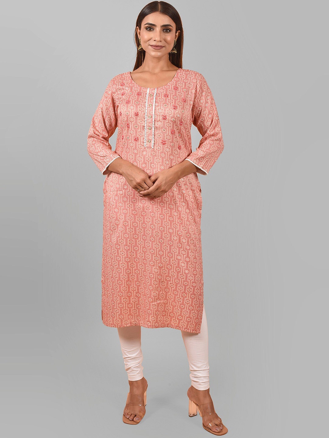 

Nimayaa Round Neck Printed Cotton Kurta, Peach