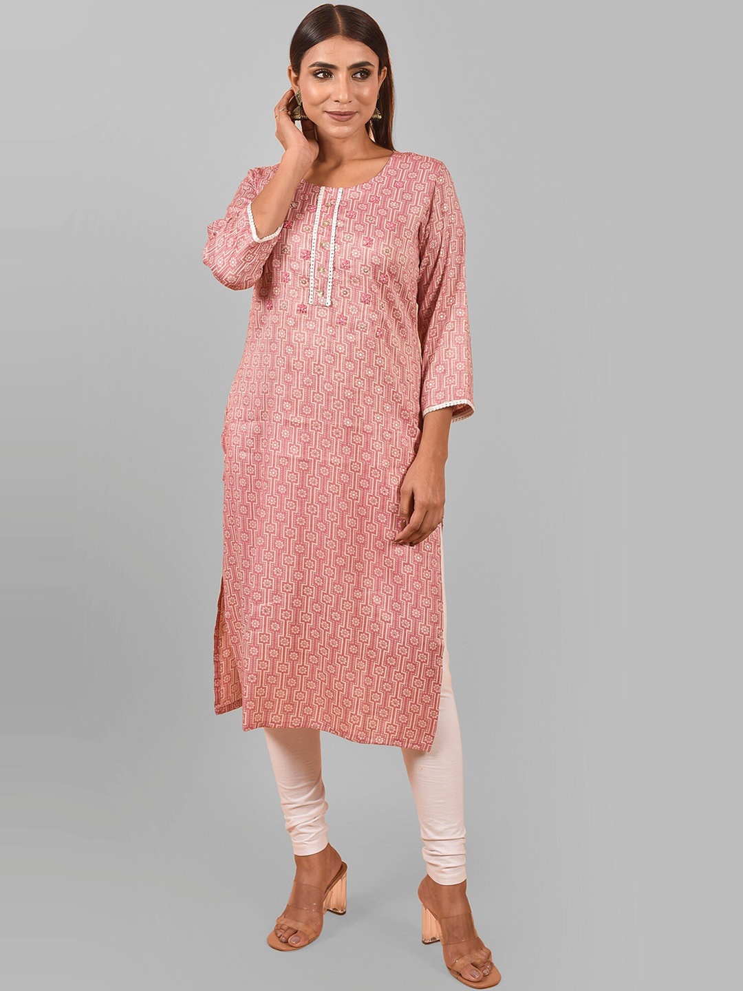 

Nimayaa Floral Printed A-Line Regular Fit Cotton Kurta, Pink