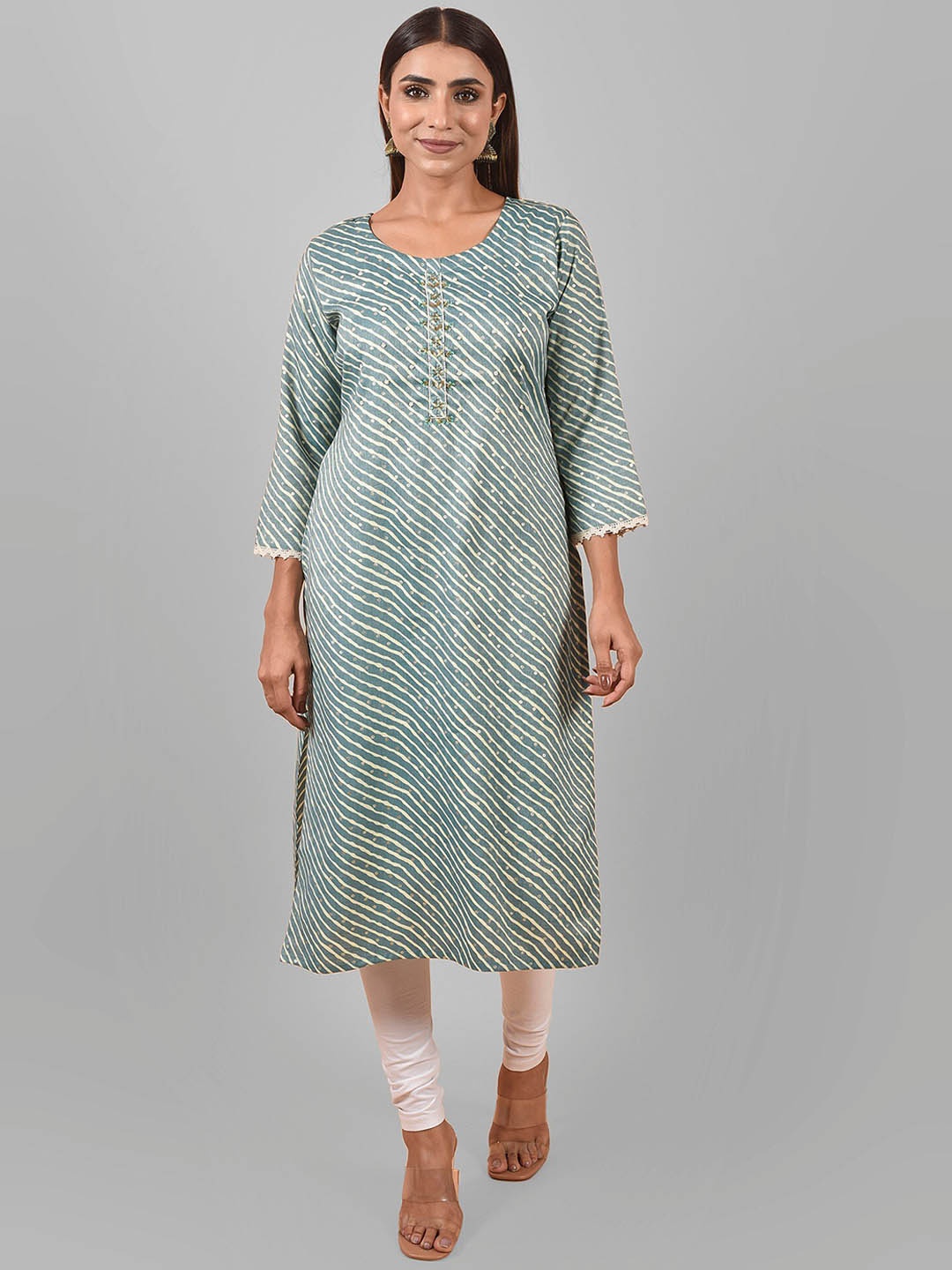 

Nimayaa Striped Round Neck A-Line Cotton Kurta, Teal