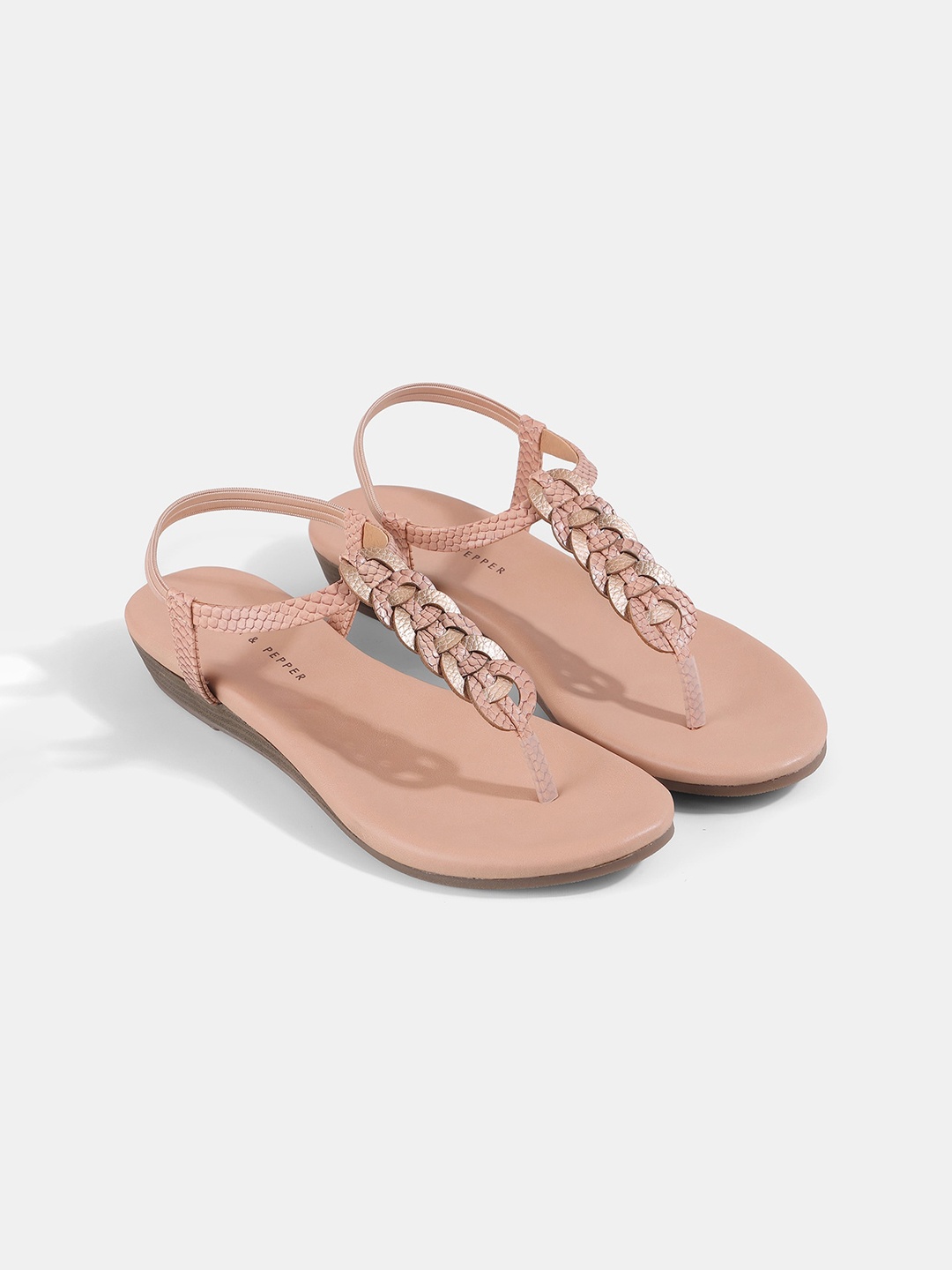 

LEMON & PEPPER Women Pink Textured T-Strap Flats