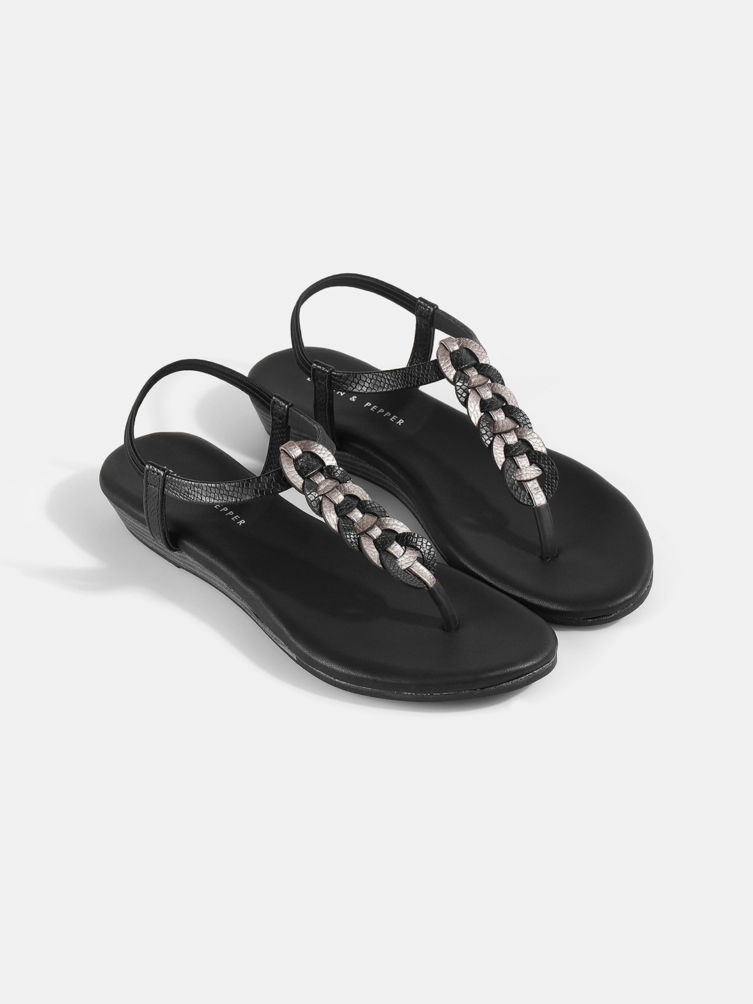 

LEMON & PEPPER Women Textured T-Strap Flats, Black