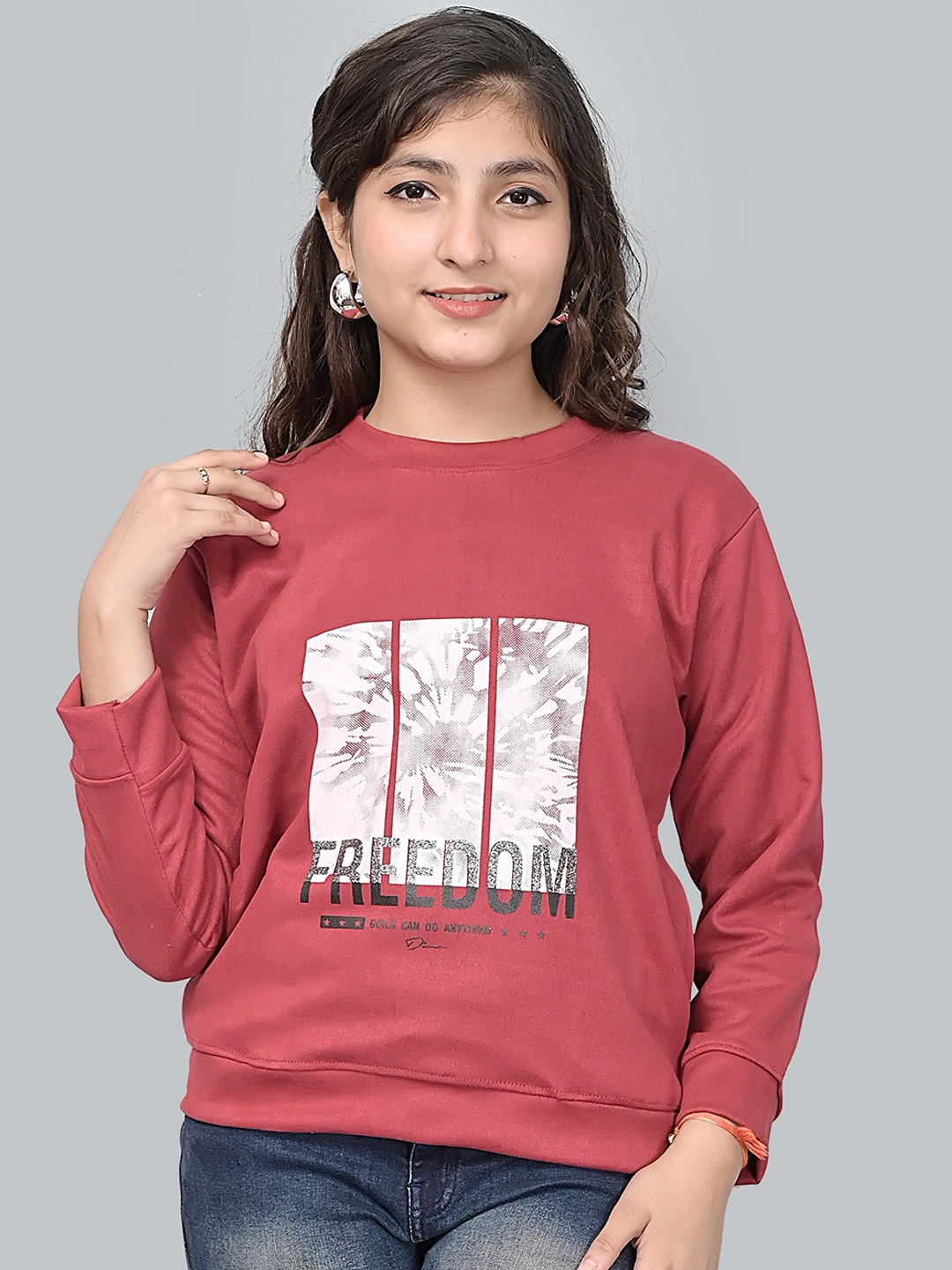 

Elendra jeans Girls Printed Round Neck Sweatshirt, Peach