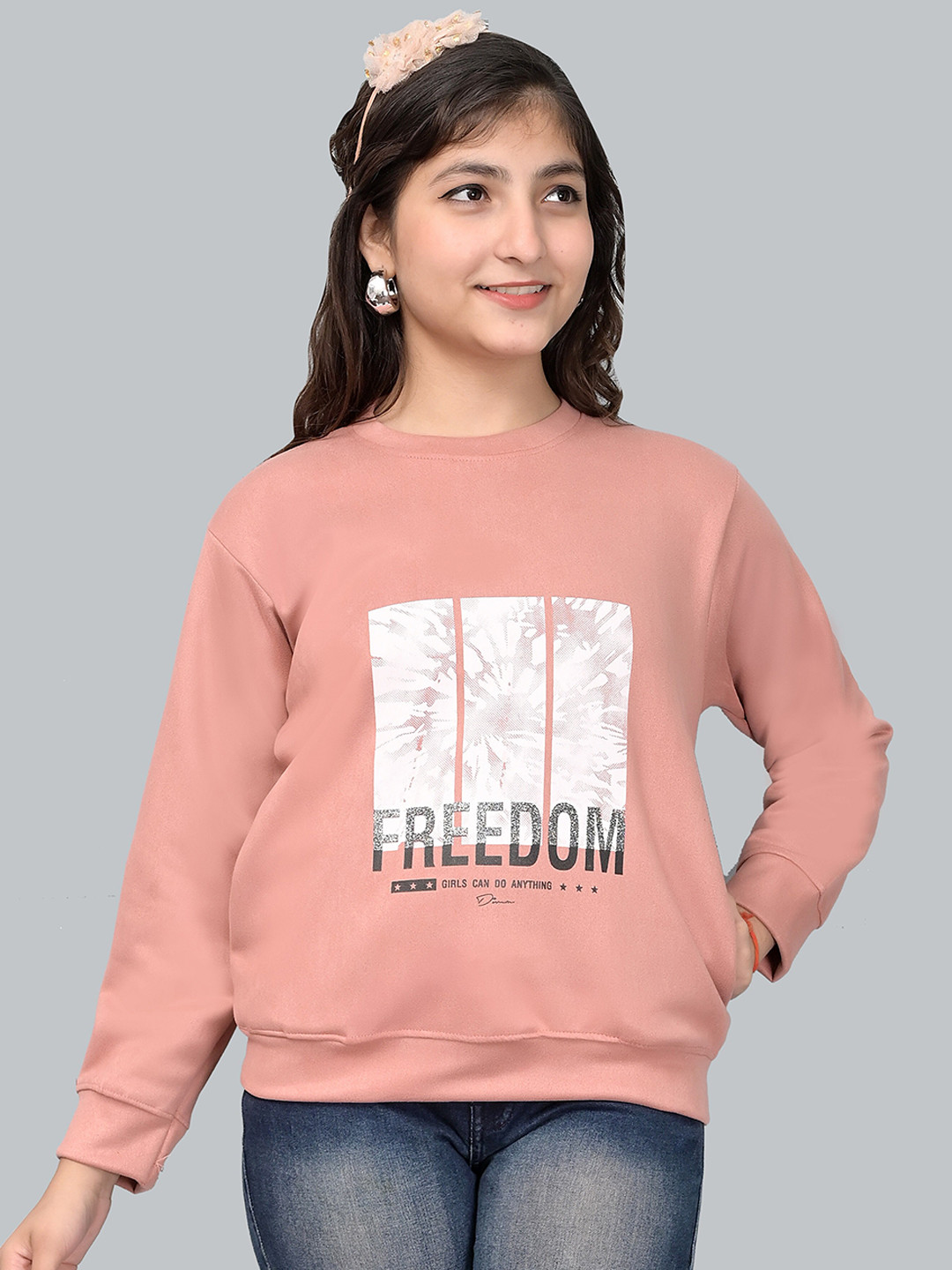 

Elendra jeans Girls Printed Fleece Sweatshirt, Peach