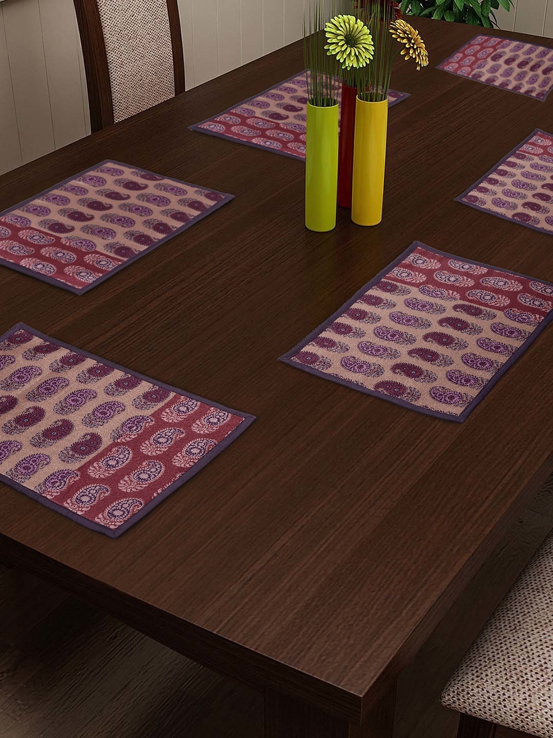 

SWAYAM Mauve & Purple Paisley Print Set of 6 Reversible Table Mats