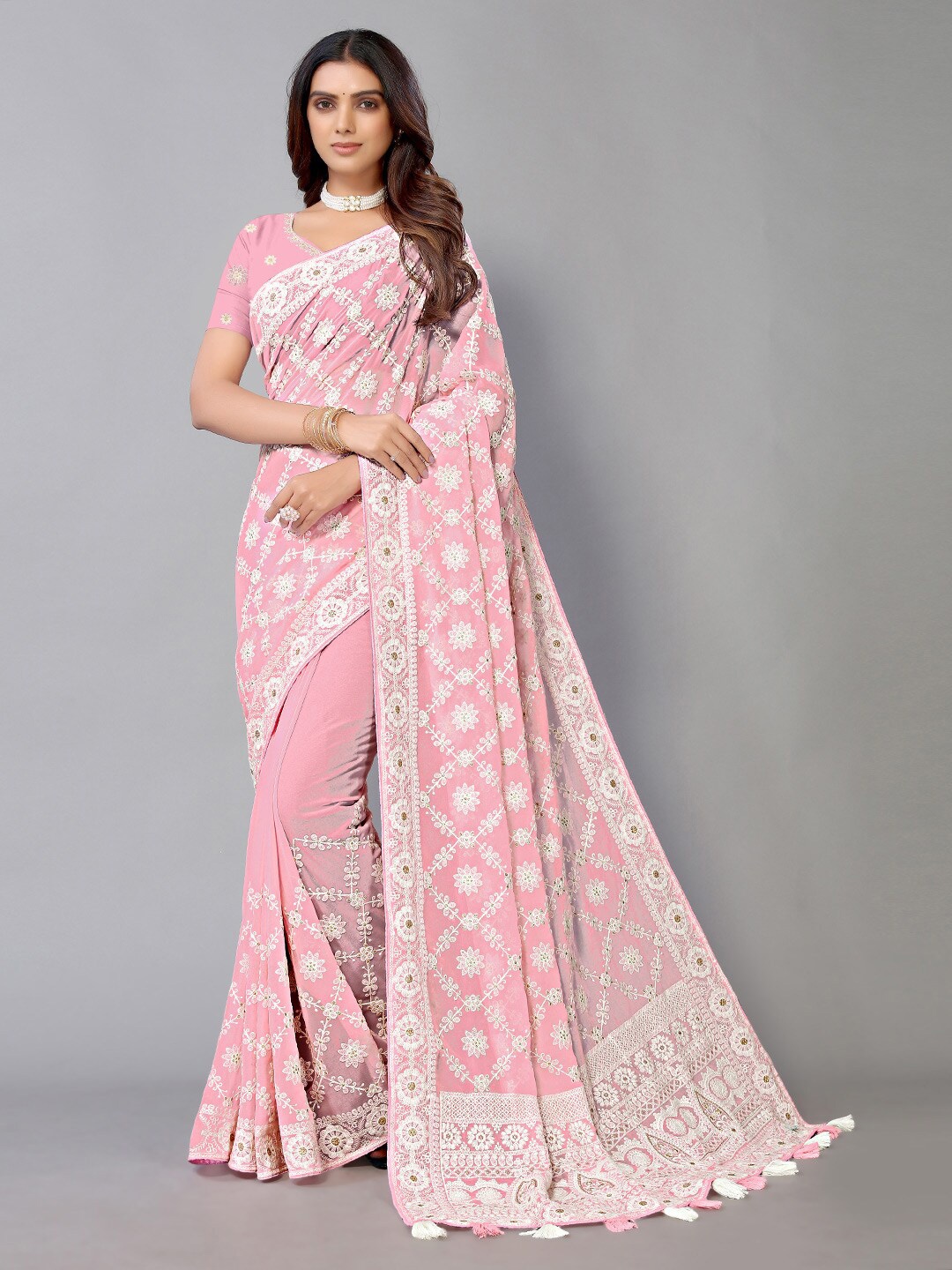 

HRITIKA Floral Chikankari Embroidered Pure Georgette Saree, Pink
