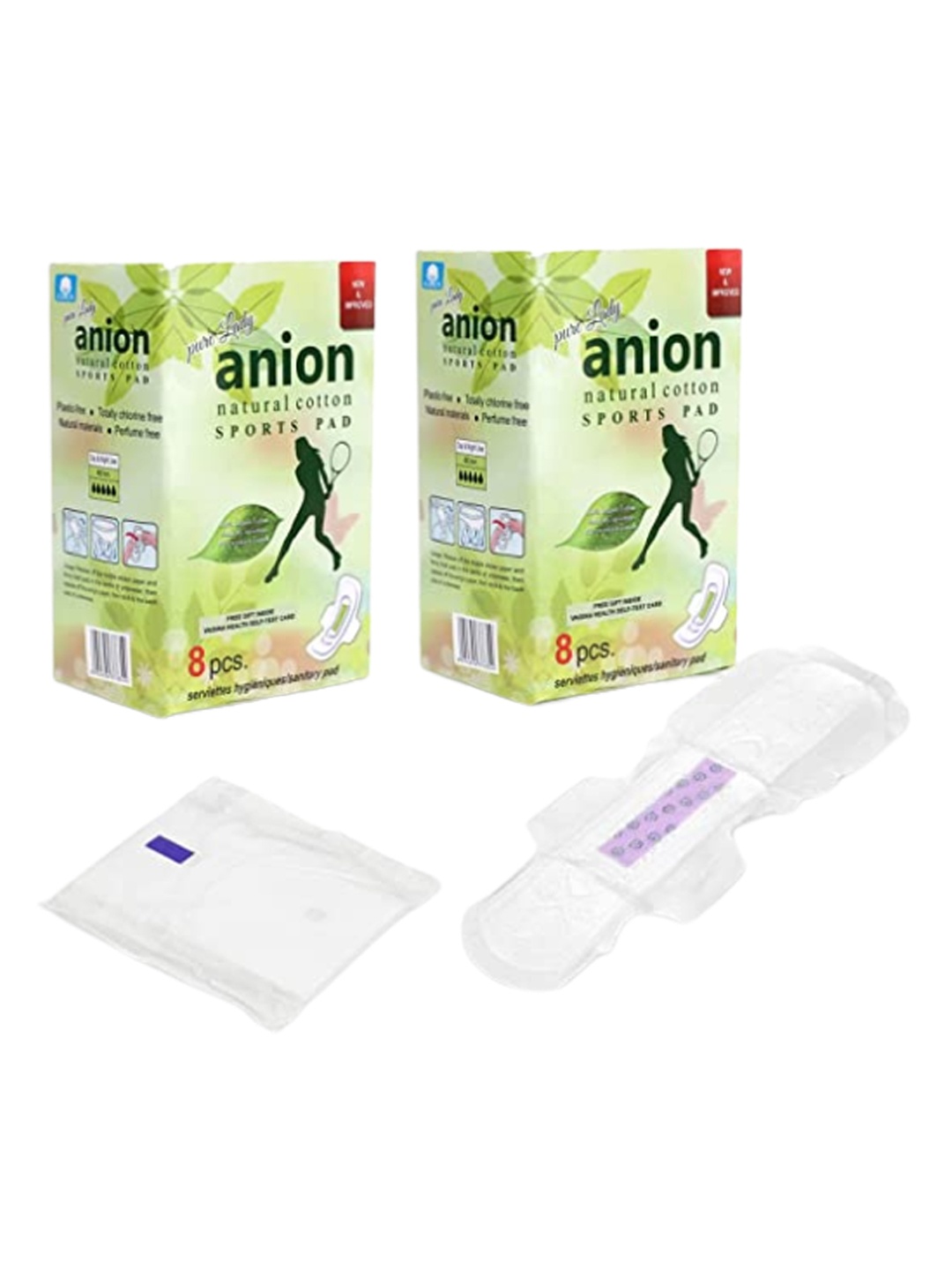 

CareDone Set of 2 Anion Natural Cotton Ultra Thin Sports Sanitary Pads - 8 Pcs each, Green