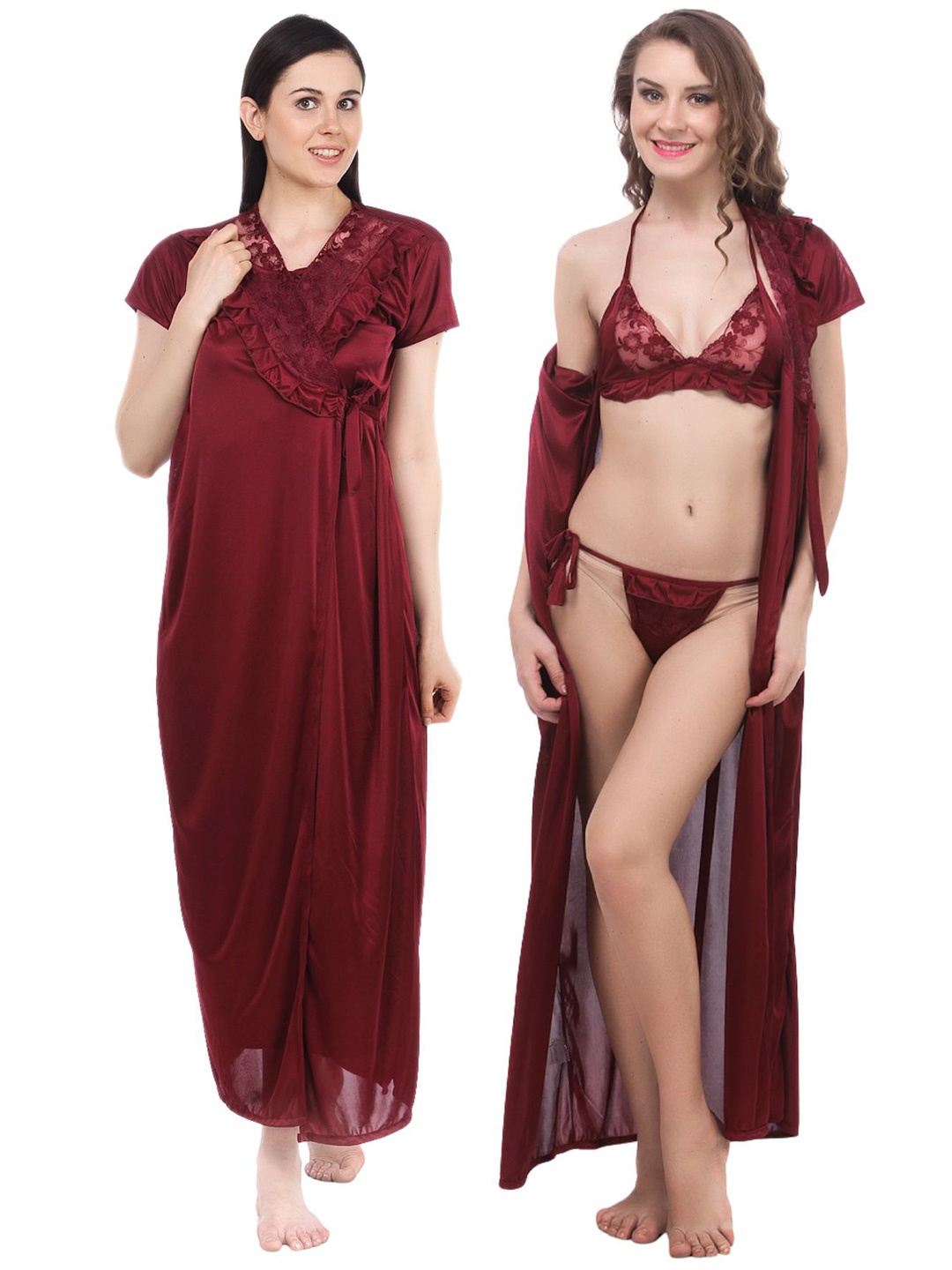 

Fasense Pack Of 3 Satin Night Suit With Robe & Lingerie Set Maxi Nightdress, Maroon