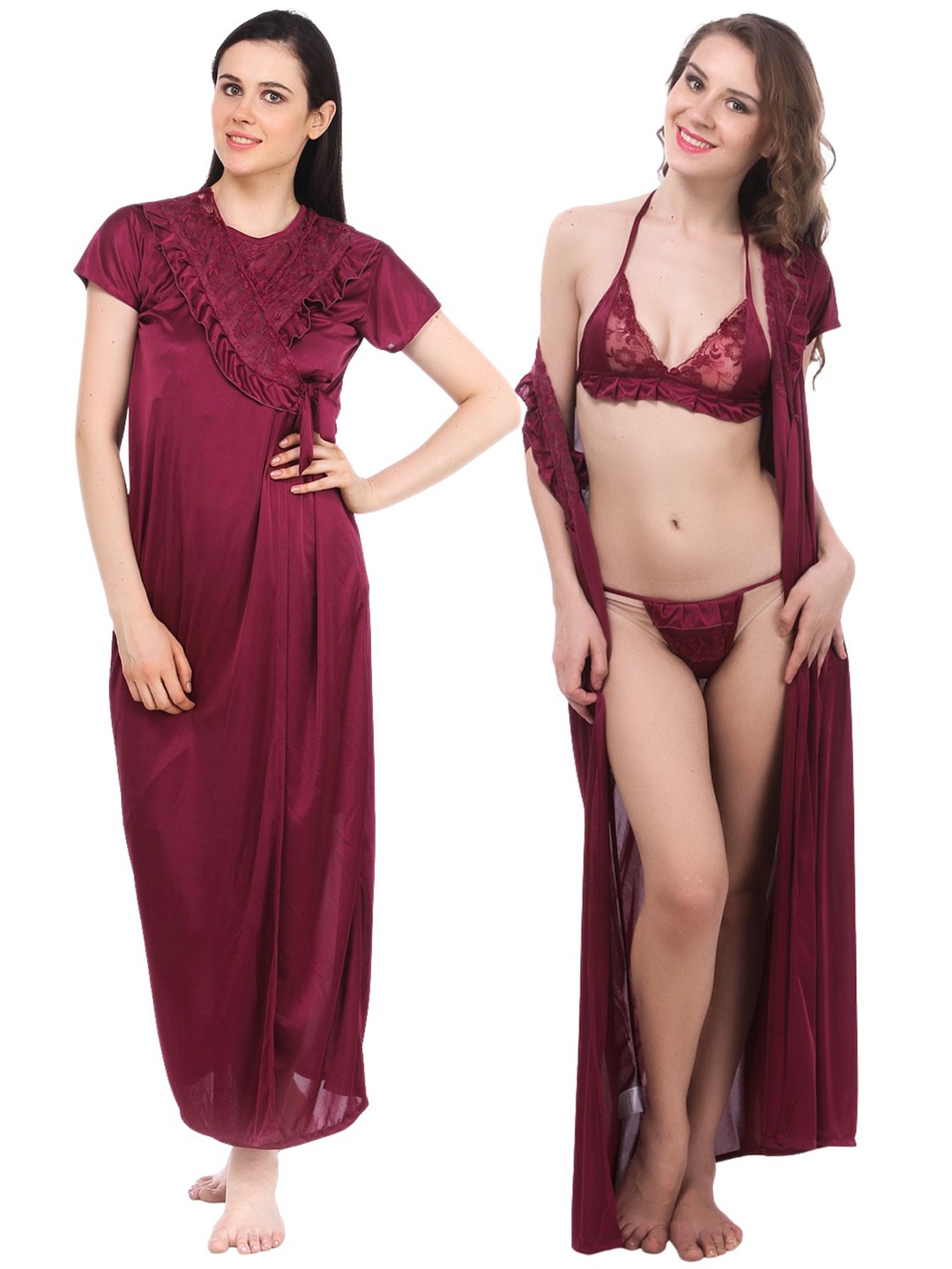 

Fasense Pack Of 3 Satin Night Suit With Robe & Lingerie Set Maxi Nightdress, Pink