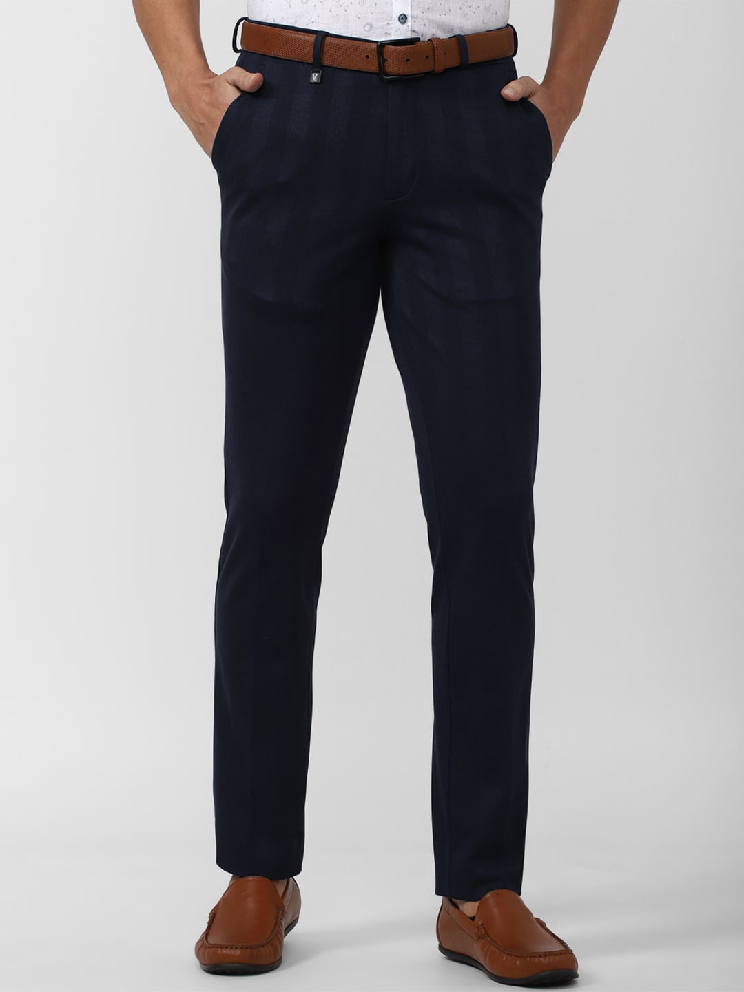 

V Dot Men Striped Formal Trouser, Navy blue