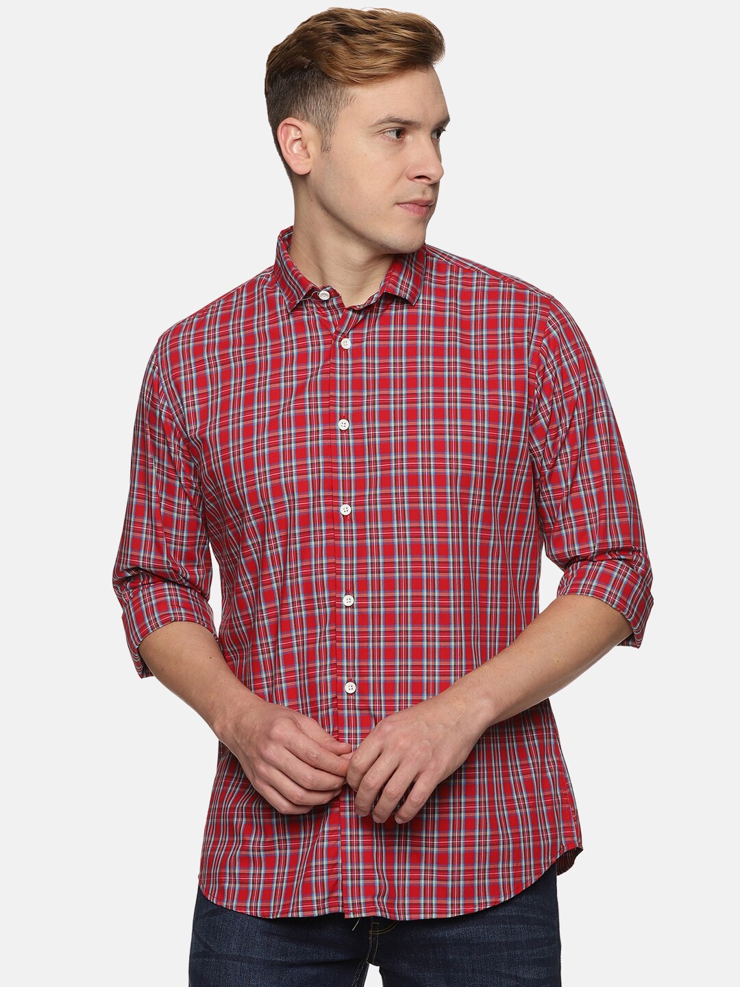 

DON VINO Men Relaxed Slim Fit Tartan Checks Checked Cotton Casual Shirt, Red