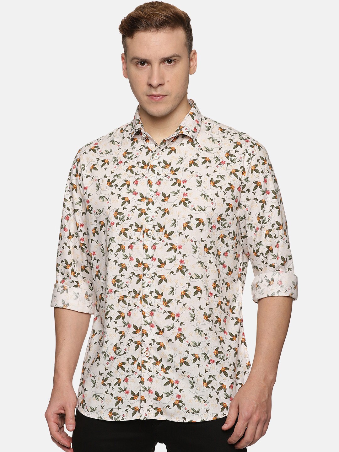 

DON VINO Men Relaxed Slim Fit Floral Printed Cotton Casual Shirt, Cream