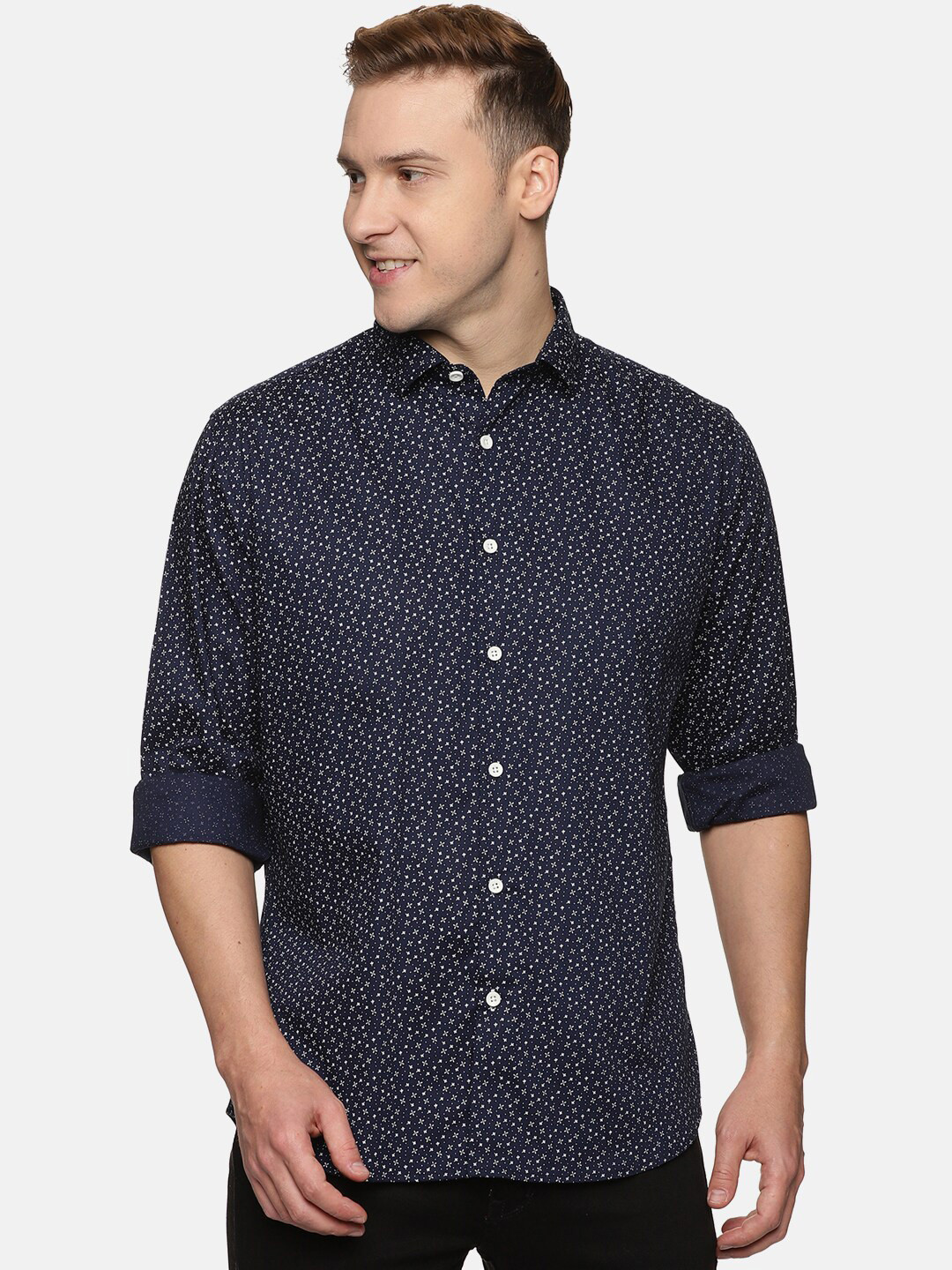 

DON VINO Men Relaxed Slim Fit Printed Cotton Casual Shirt, Navy blue