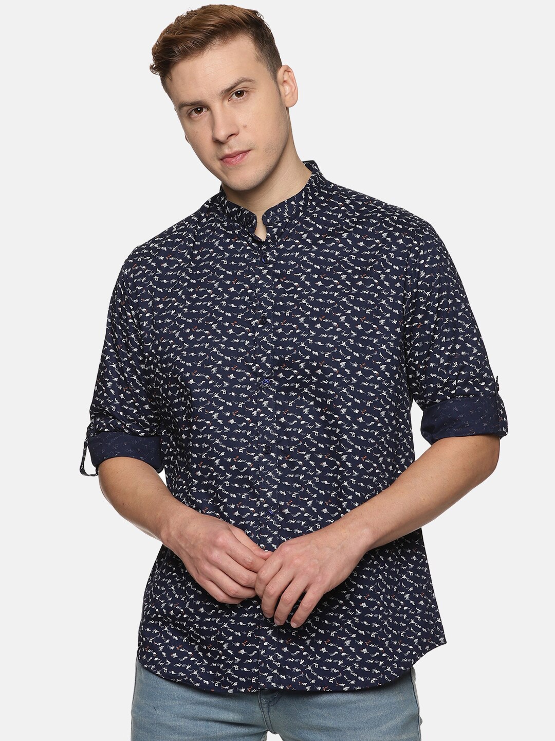

DON VINO Men Relaxed Slim Fit Floral Printed Cotton Casual Shirt, Navy blue
