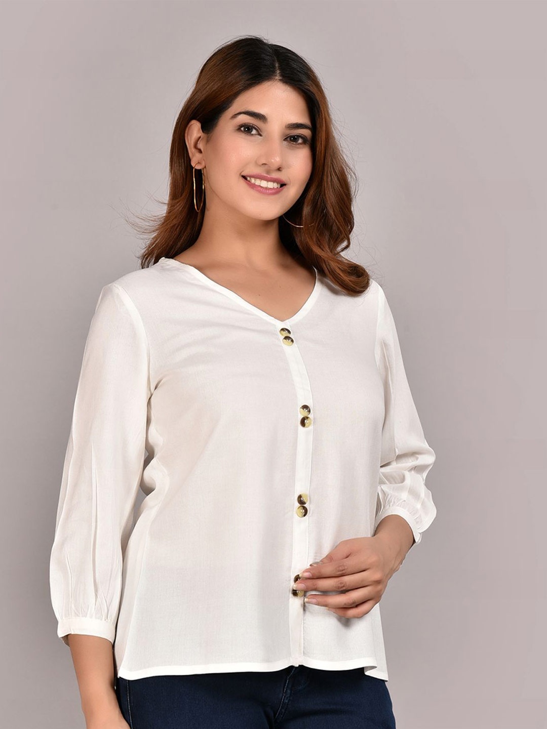 

Meeranshi V-Neck Liva Shirt Style Top, White