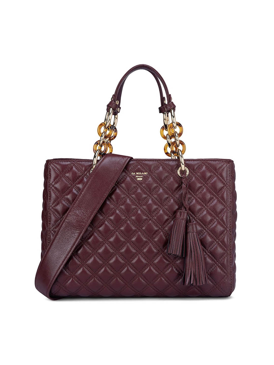 

Da Milano Women Geometric Leather Structured Satchel with Quilted, Maroon