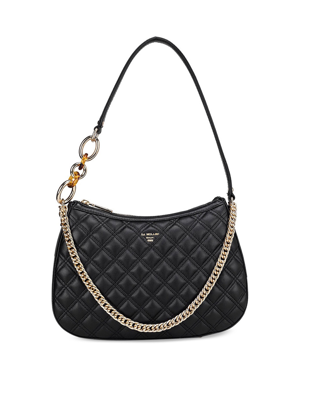 

Da Milano Women Geometric Leather Structured Hobo Bag with Quilted, Black