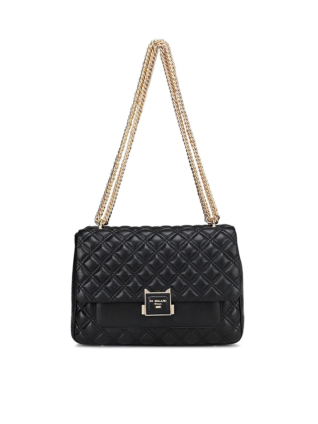 

Da Milano Geometric Textured Leather Structured Shoulder Bag with Quilted, Black