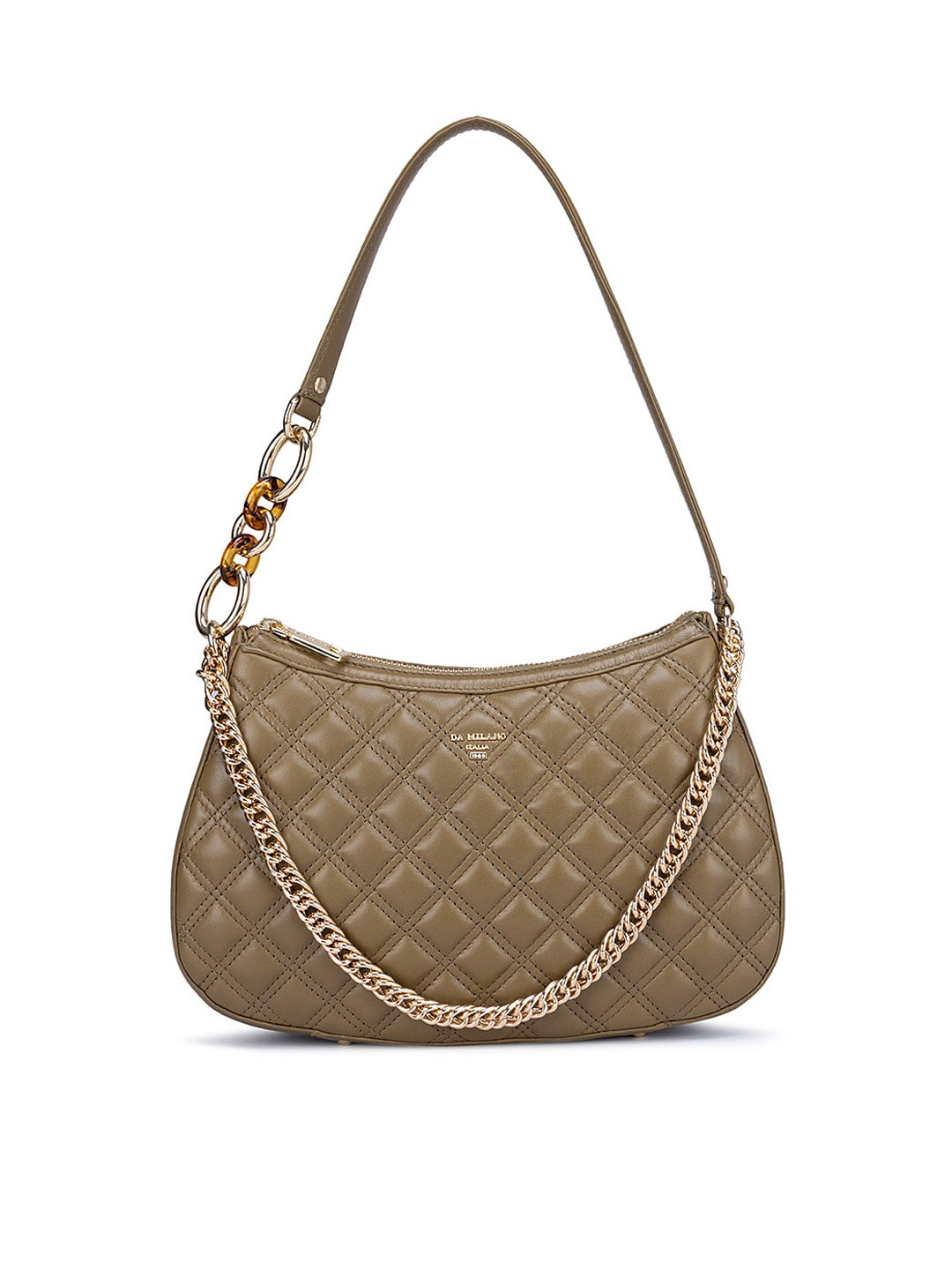 

Da Milano Geometric Textured Leather Half Moon Hobo Bag with Quilted, Green