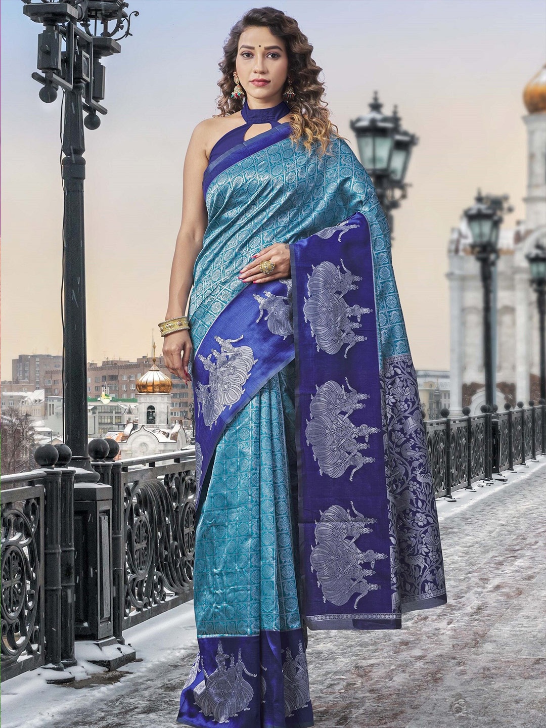 

Fashion Booms Woven Design Zari Pure Silk Kanjeevaram Saree, Blue
