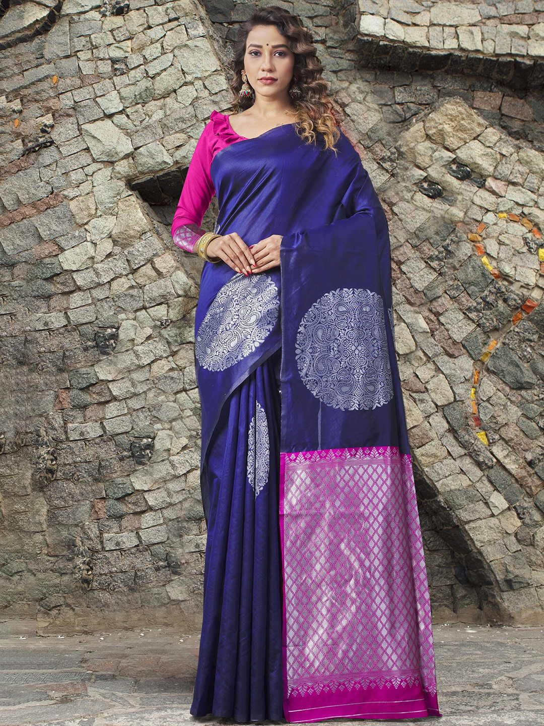 

Fashion Booms Woven Design Zari Pure Silk Saree, Navy blue