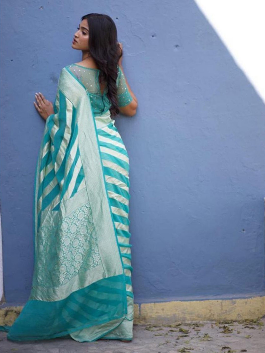 

Fashion Booms Leheriya Printed Zari Pure Silk Kanjeevaram Saree, Turquoise blue