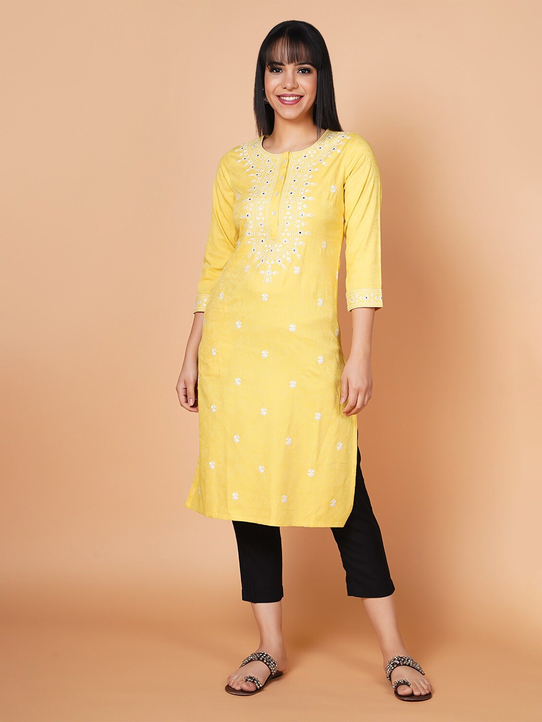 

BARARA ETHNIC Women Ethnic Motifs Embroidered Mirror Work Pure Cotton Kurta, Yellow